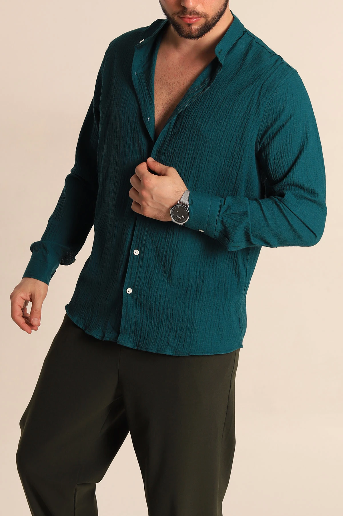 Petrol Relaxed Fit Müslin Kumaş Hakim Erkek Gömlek 275668