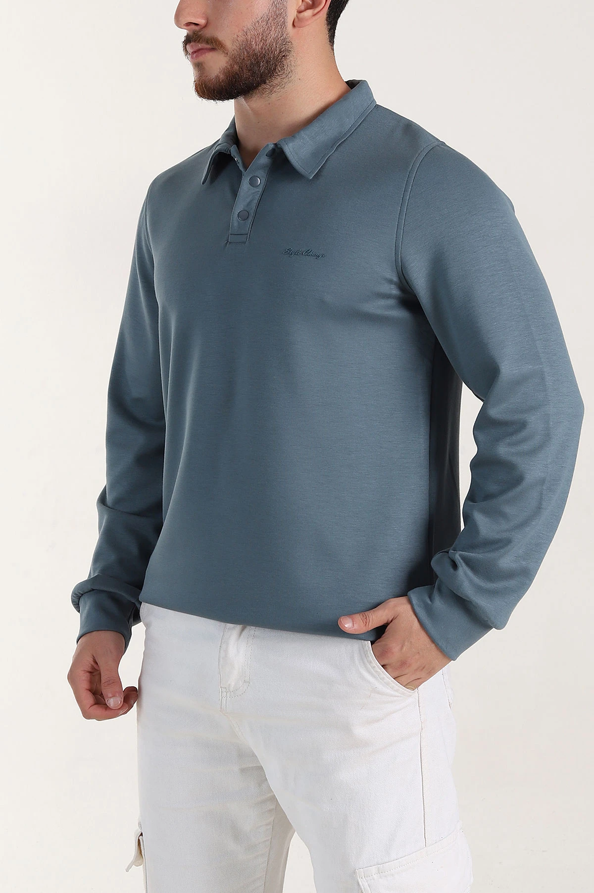 Petrol Relaxed Fit Oysho Kumaş Düğmeli Polo Yaka Erkek Sweatshirt 399521