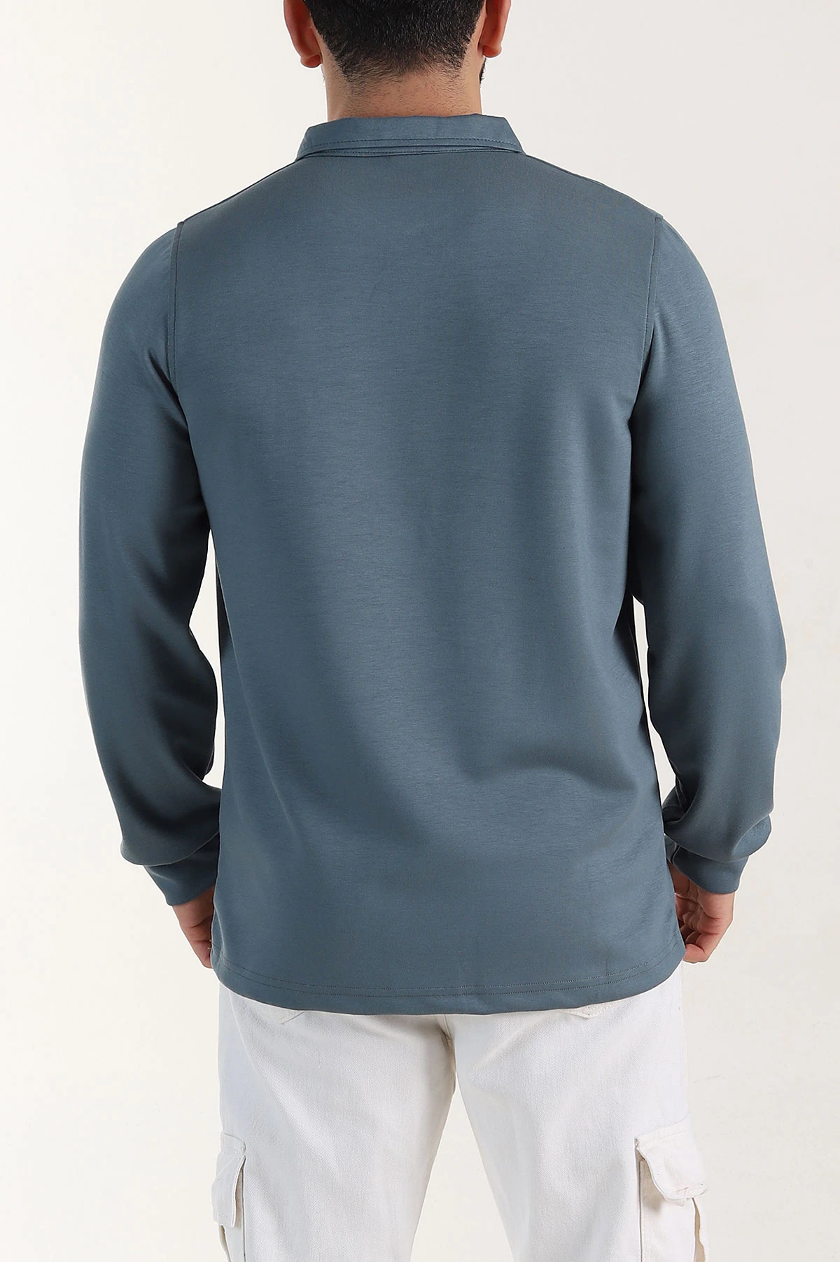 Petrol Relaxed Fit Oysho Kumaş Düğmeli Polo Yaka Erkek Sweatshirt 399521