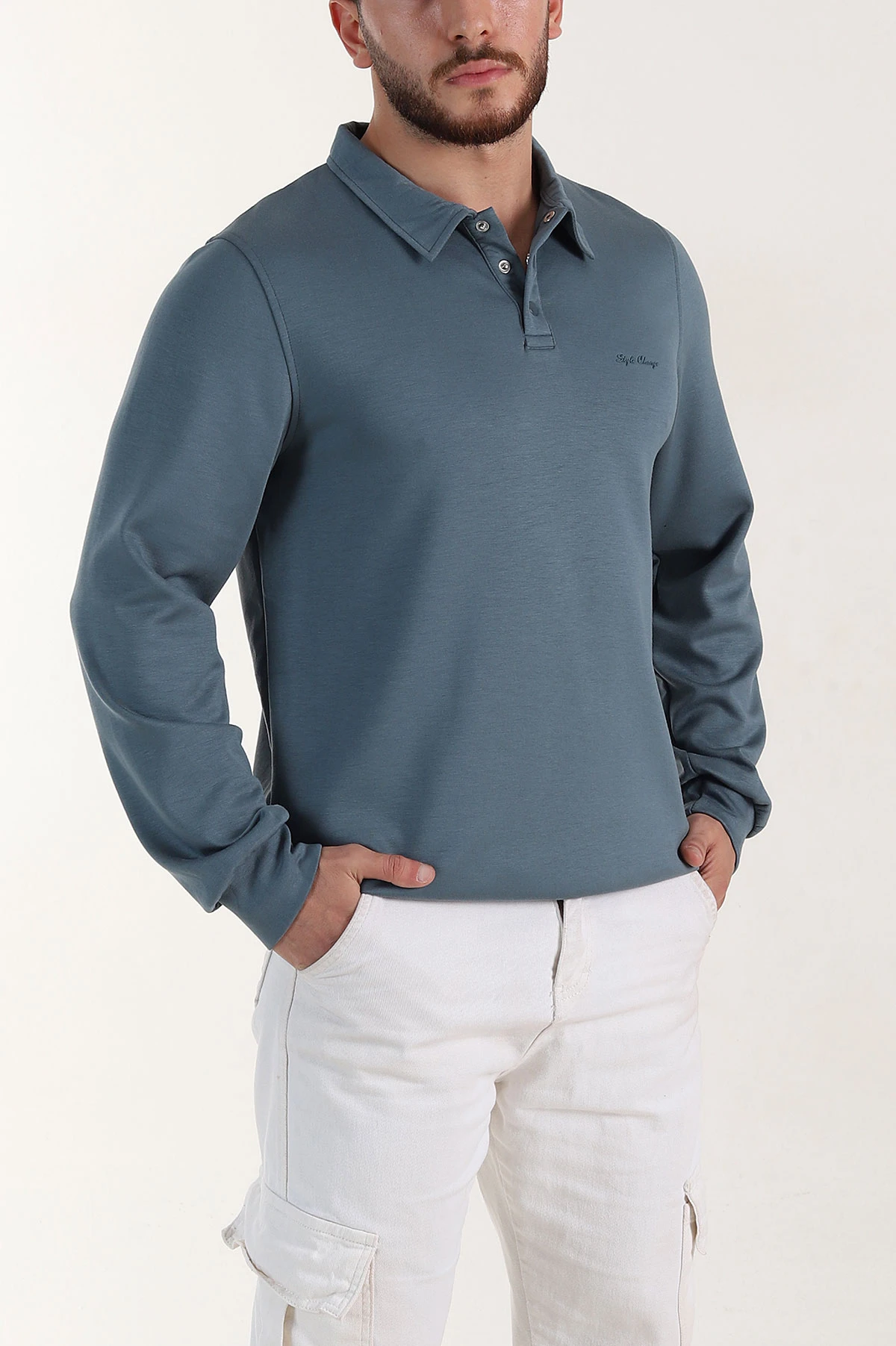 Petrol Relaxed Fit Oysho Kumaş Düğmeli Polo Yaka Erkek Sweatshirt 399521