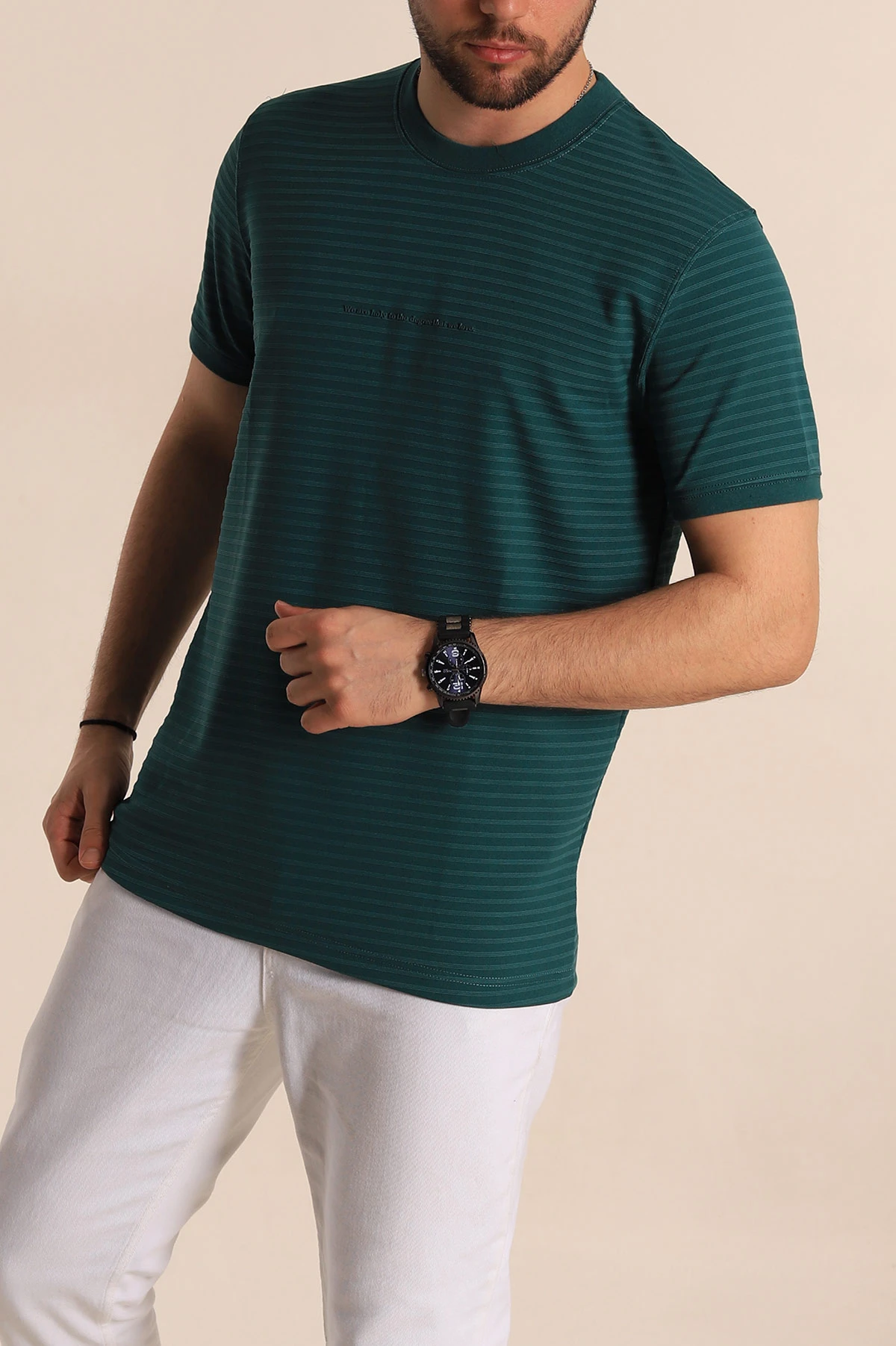 Petrol Slim Fit Çizgi Detay Likralı Erkek Tişört 268685