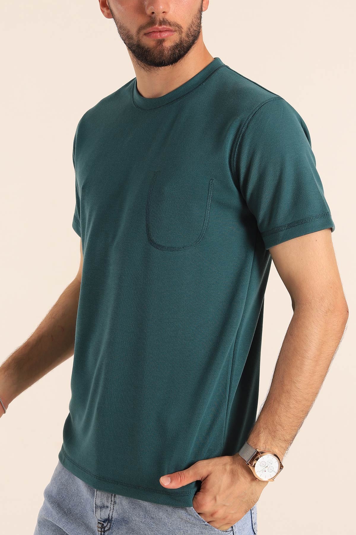 Petrol Slim Fit Dikiş Detay Erkek Tişört 190162