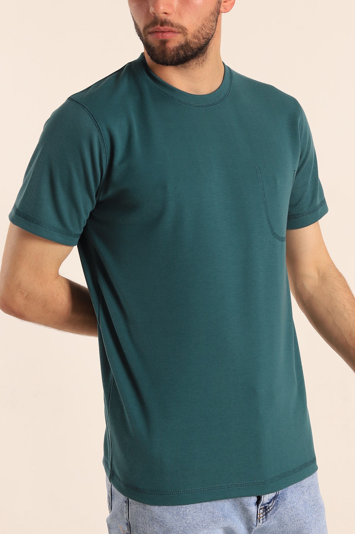 Petrol Slim Fit Dikiş Detay Erkek Tişört 190162