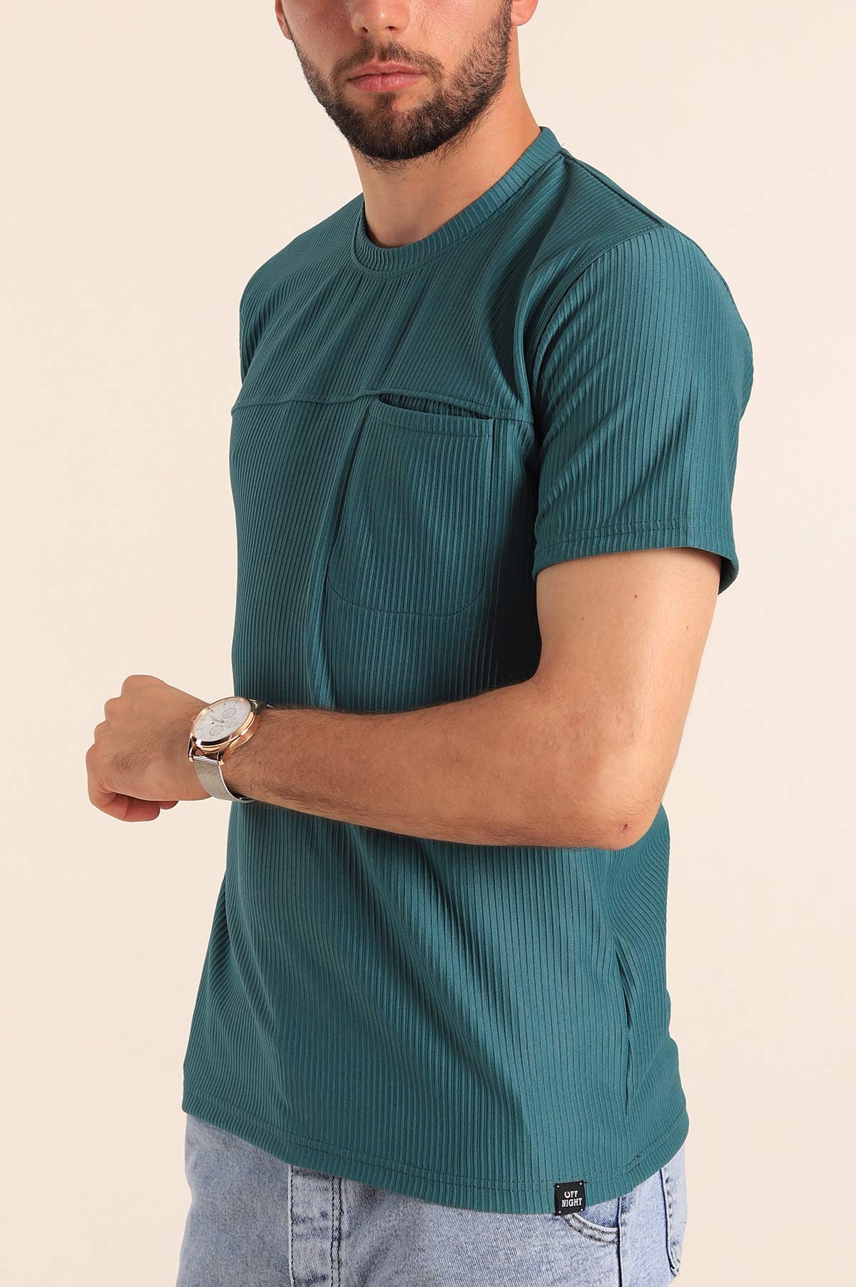Petrol Slim Fit Fitilli Doku Cepli Erkek Tişört 190186