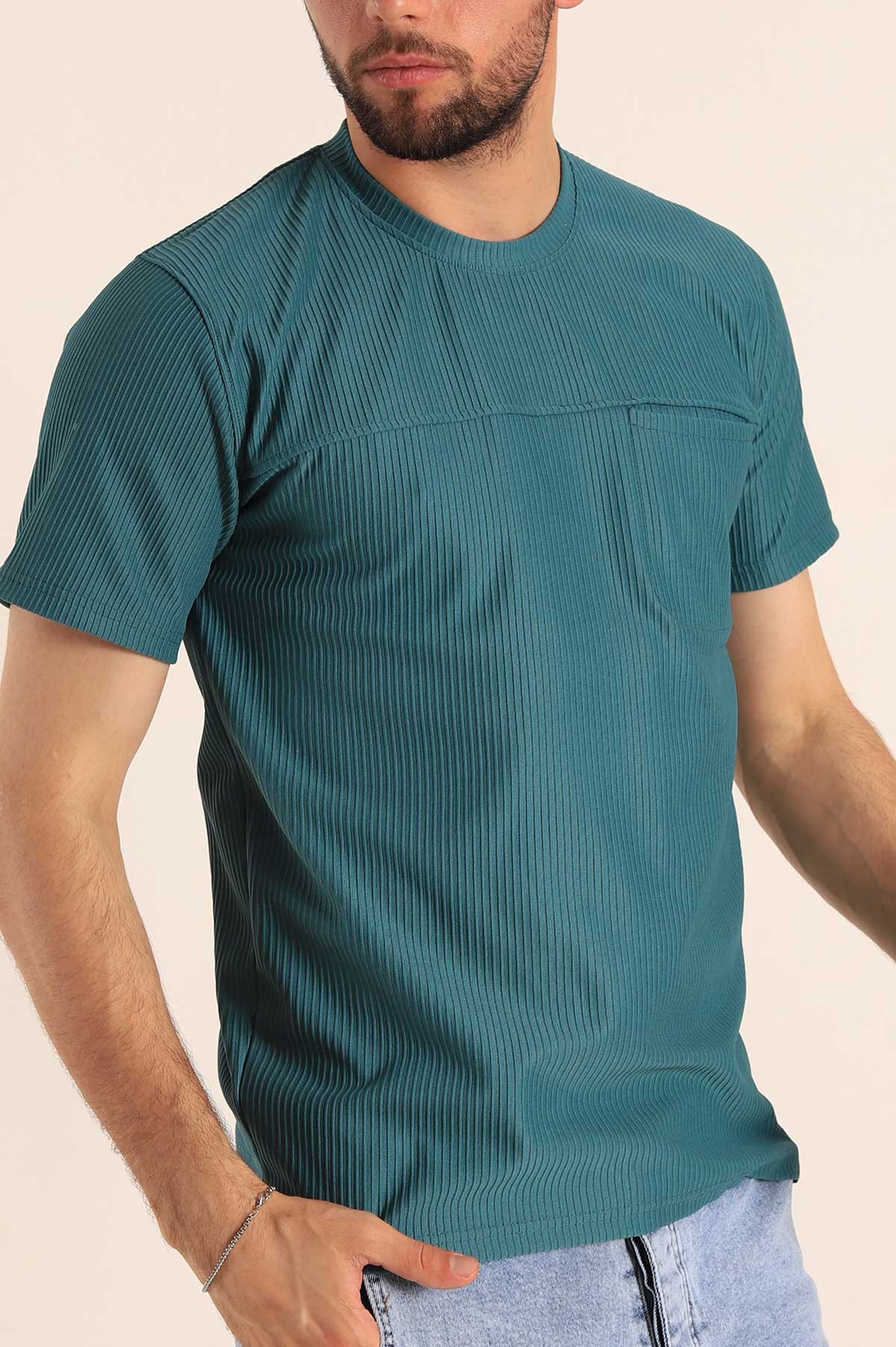 Petrol Slim Fit Fitilli Doku Cepli Erkek Tişört 190186