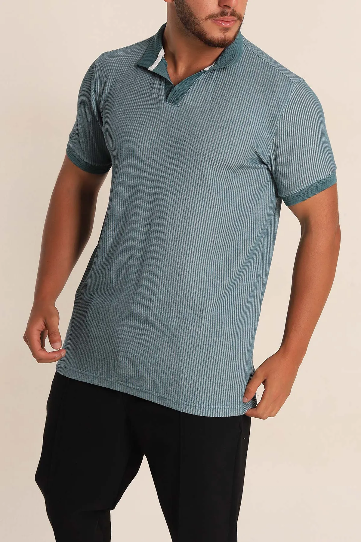 Petrol Slim Fit Fitilli Doku Polo Yaka Erkek Tişört 262705