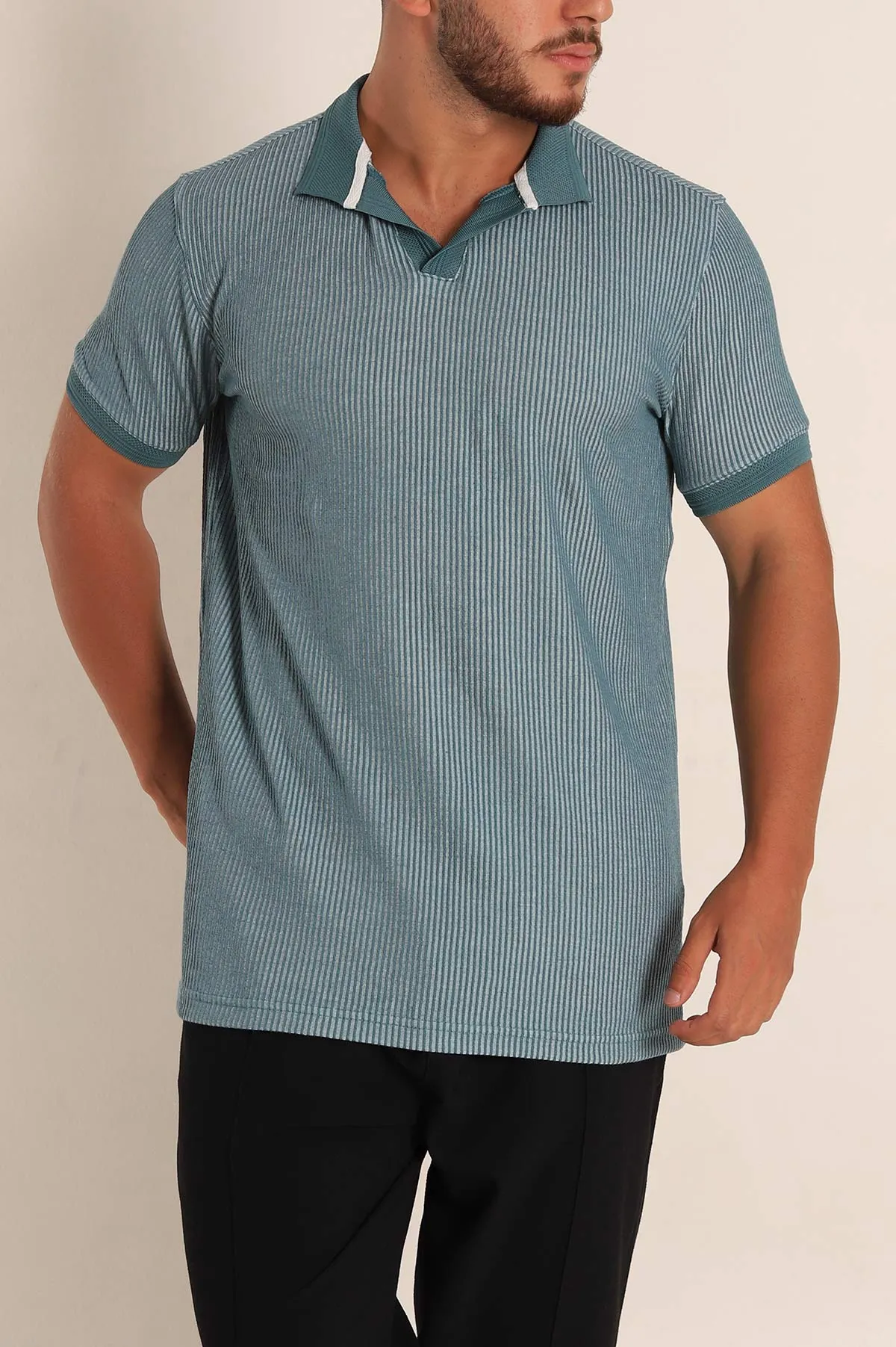 Petrol Slim Fit Fitilli Doku Polo Yaka Erkek Tişört 262705