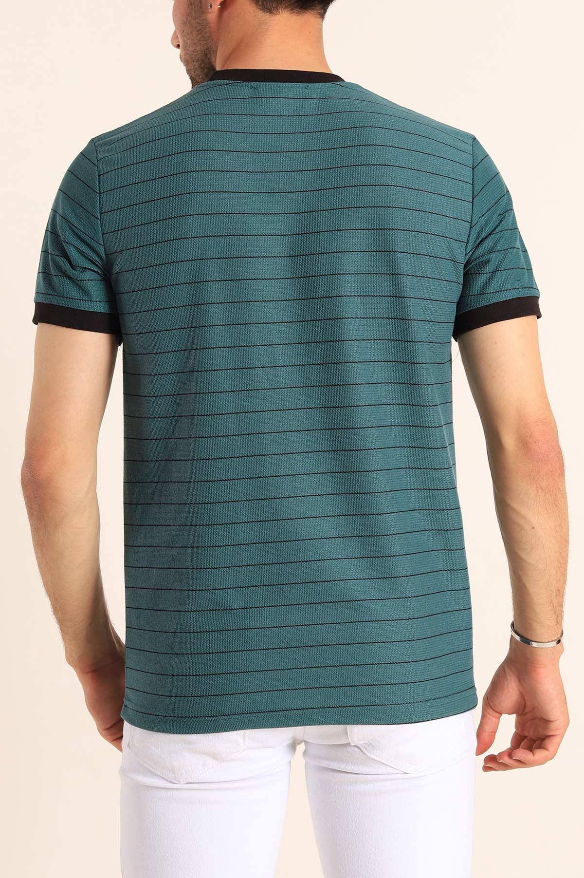 Petrol Slim Fit Kabartma Yazılı Çizgili Erkek Tişört 186846