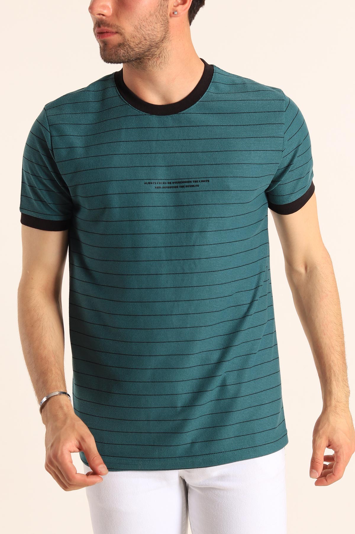 Petrol Slim Fit Kabartma Yazılı Çizgili Erkek Tişört 186846