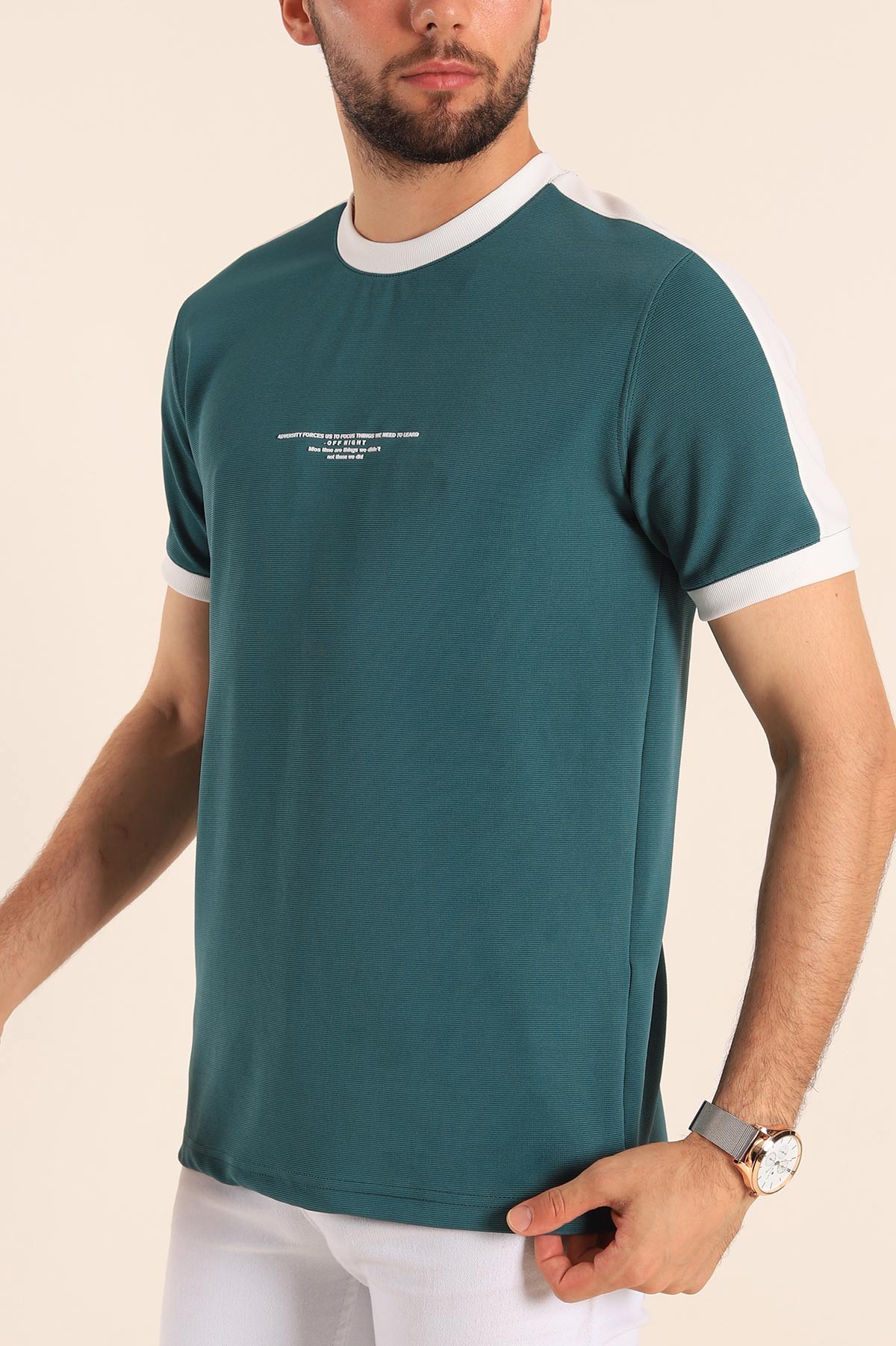 Petrol Slim Fit Kabartma Yazılı Erkek Tişört 190220