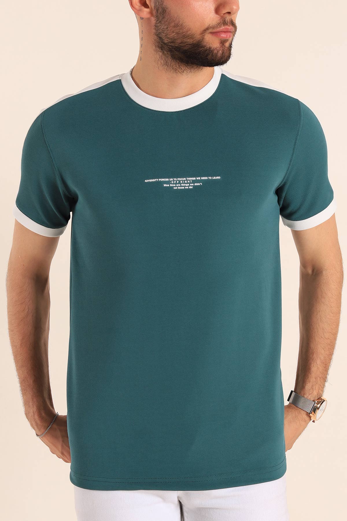 Petrol Slim Fit Kabartma Yazılı Erkek Tişört 190220
