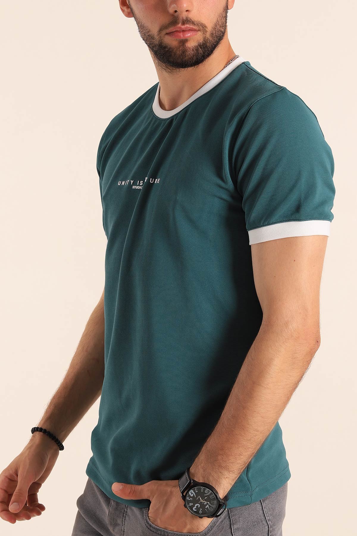 Petrol Slim Fit Kabartma Yazılı Erkek Tişört 190453