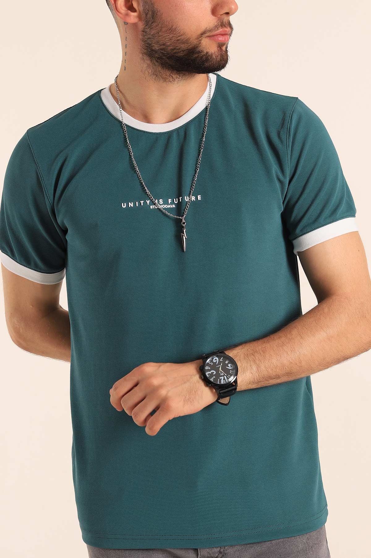 Petrol Slim Fit Kabartma Yazılı Erkek Tişört 190453