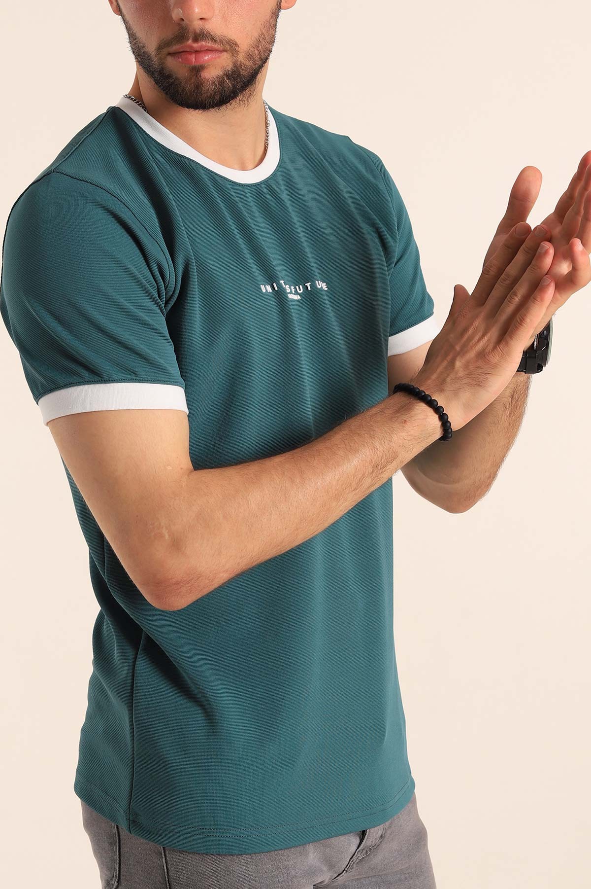 Petrol Slim Fit Kabartma Yazılı Erkek Tişört 190453