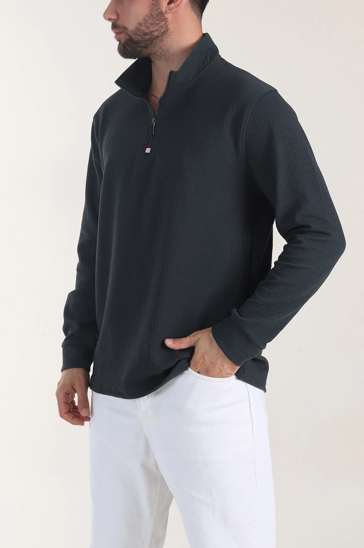 Petrol Yarım Fermuarlı Dik Yaka Dokulu Erkek Sweatshirt 406820
