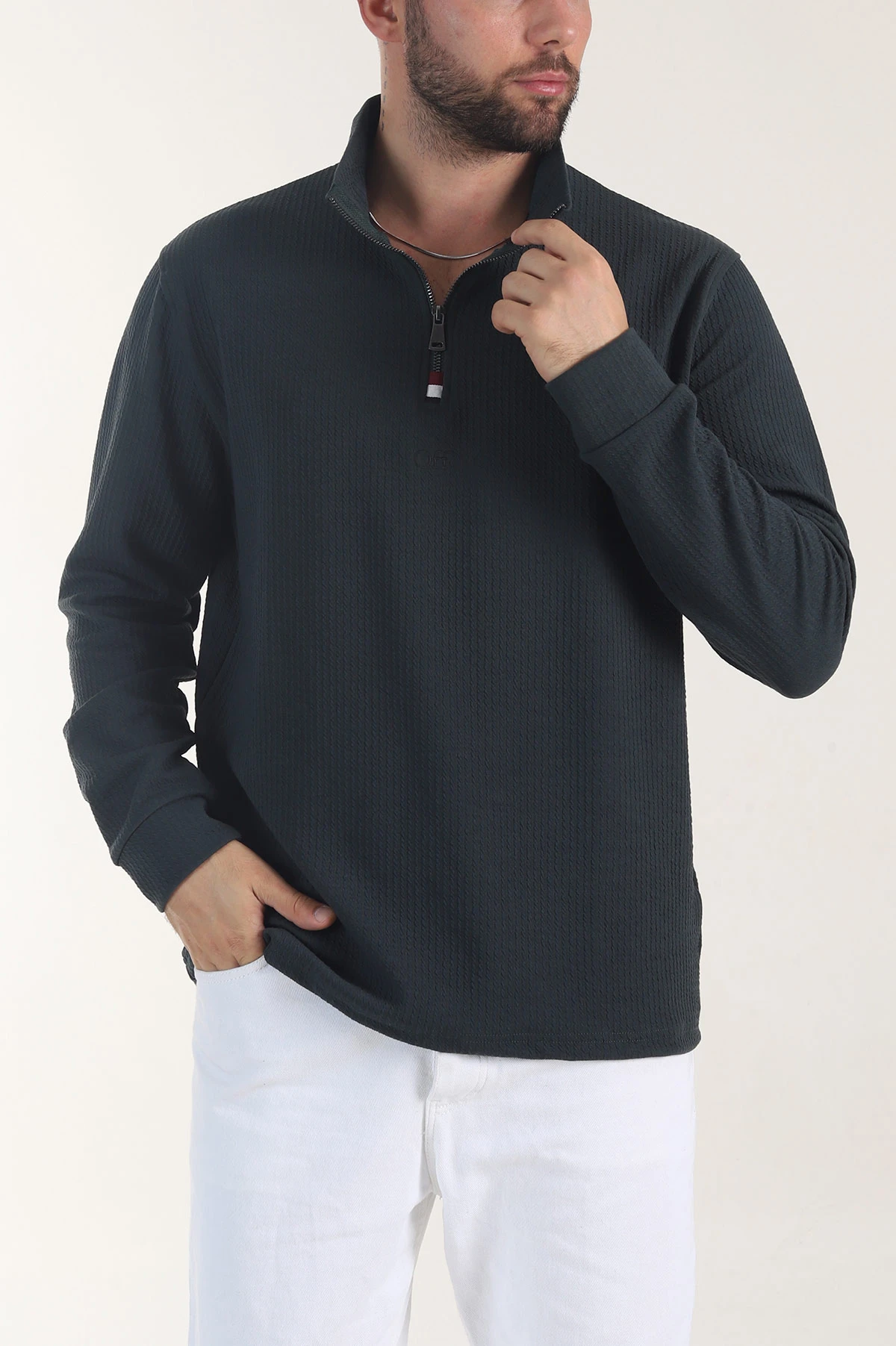 Petrol Yarım Fermuarlı Dik Yaka Dokulu Erkek Sweatshirt 406820