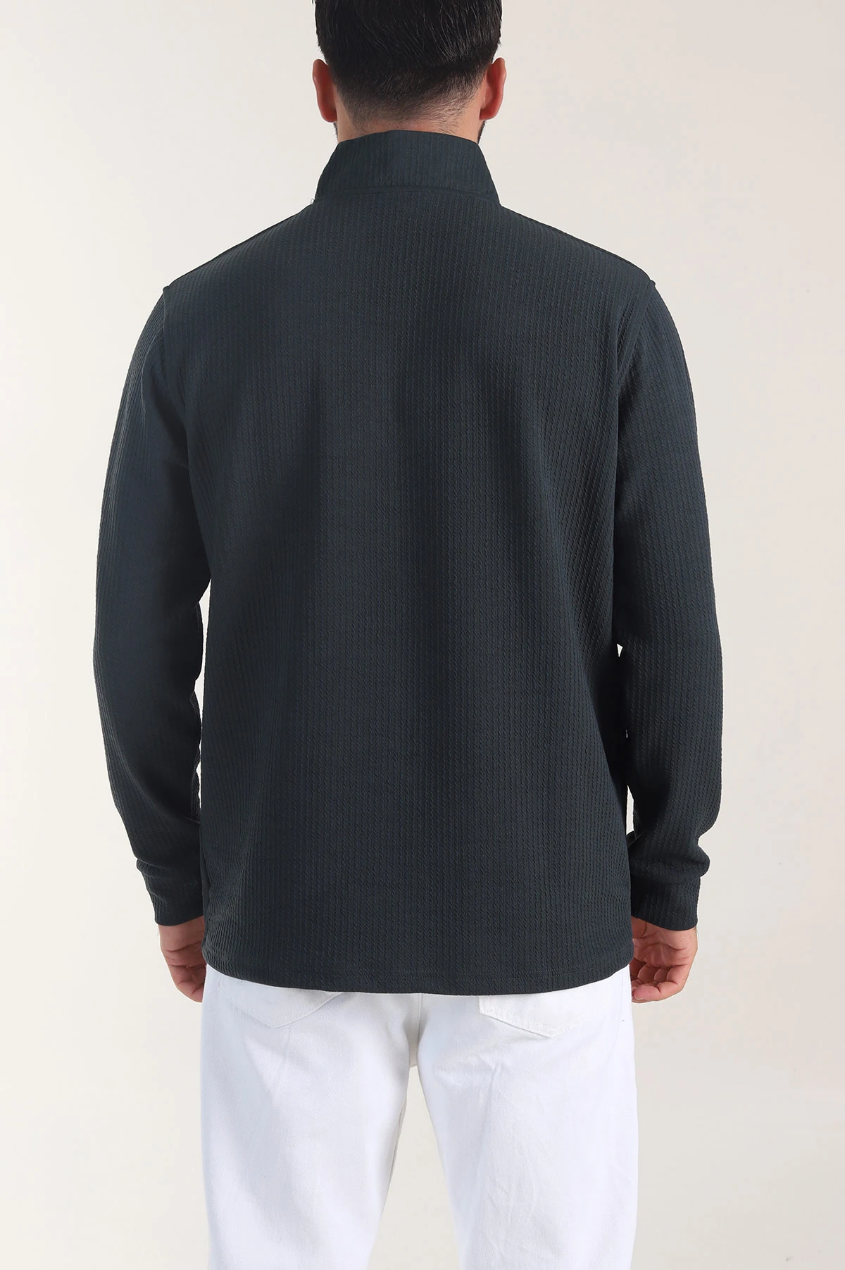 Petrol Yarım Fermuarlı Dokulu Dik Yaka Erkek Sweatshirt 406936