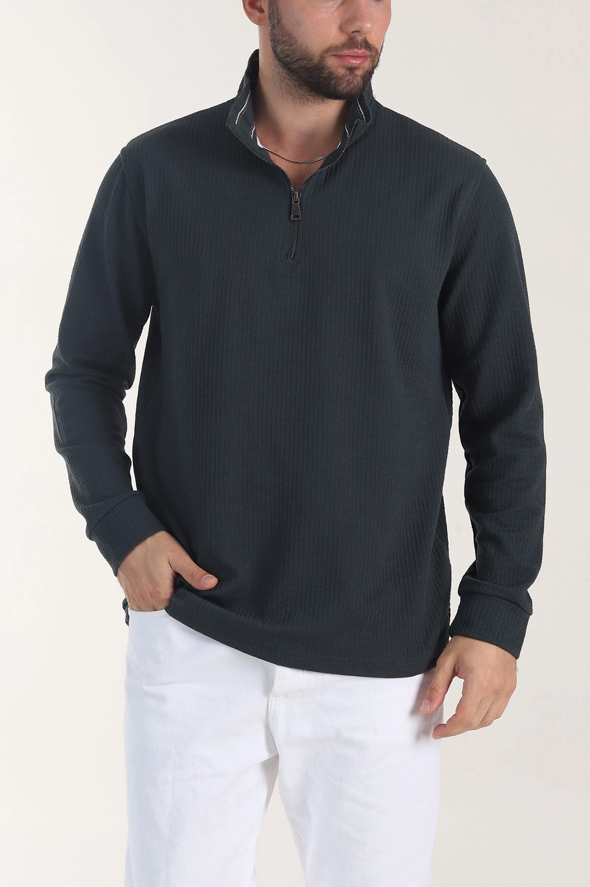 Petrol Yarım Fermuarlı Dokulu Dik Yaka Erkek Sweatshirt 406936