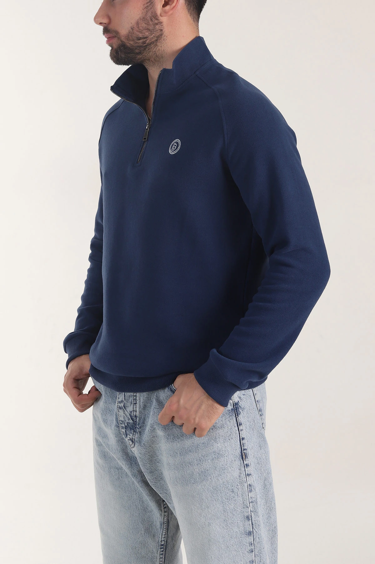 Petrol Yarım Fermuarlı Nakış Detaylı Erkek Sweatshirt 406852