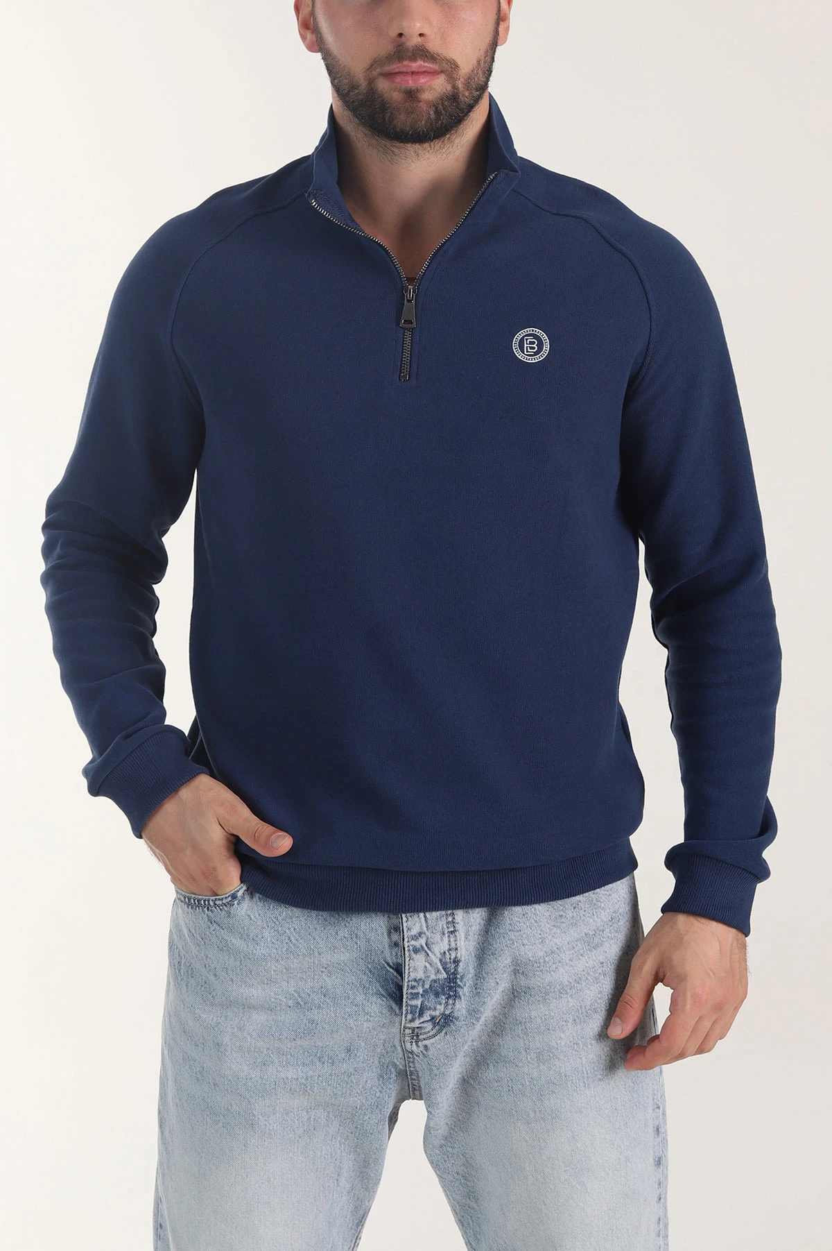 Petrol Yarım Fermuarlı Nakış Detaylı Erkek Sweatshirt 406852