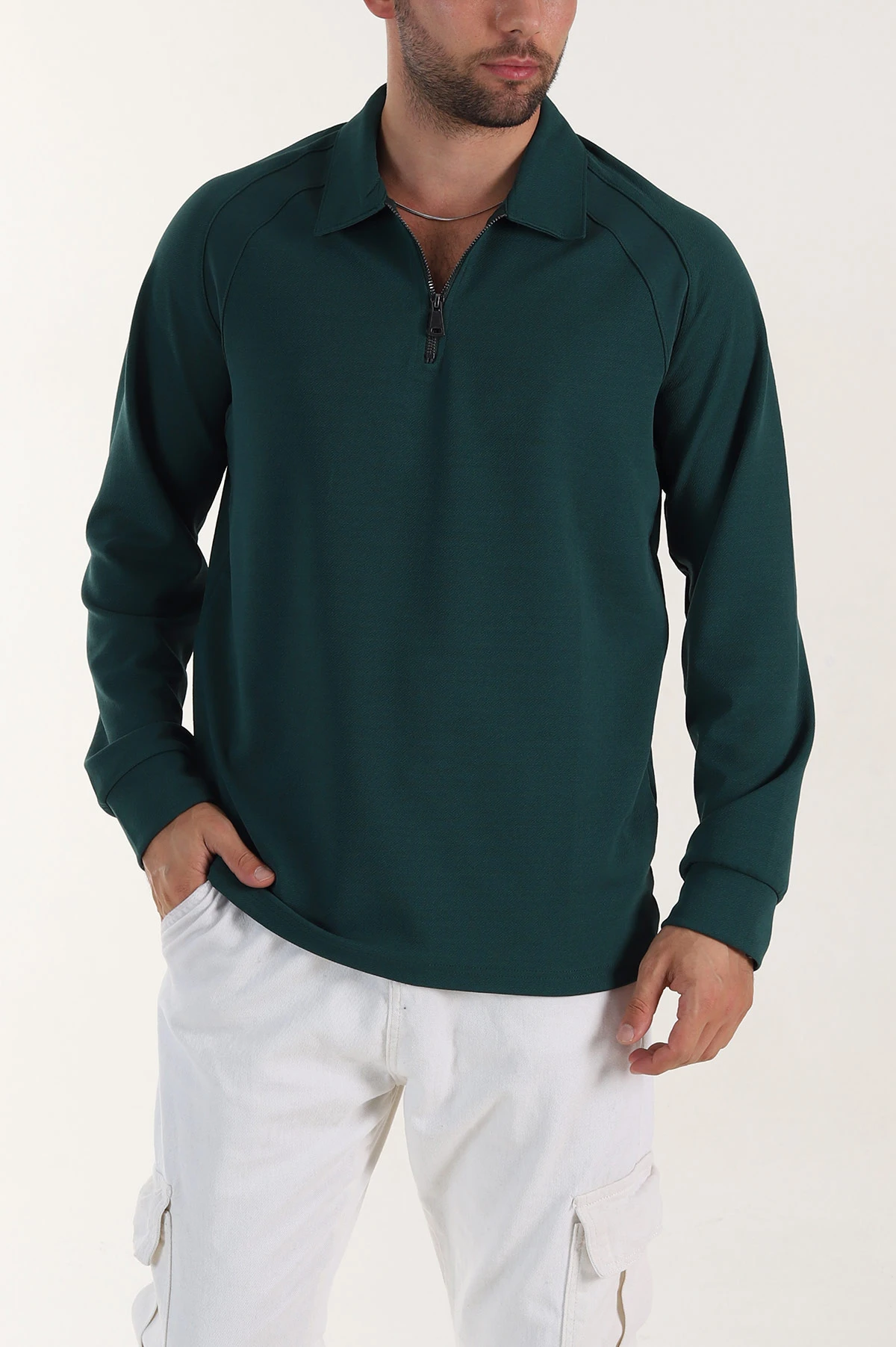 Petrol Yarım Fermuarlı Polo Yaka Erkek Sweatshirt 397127