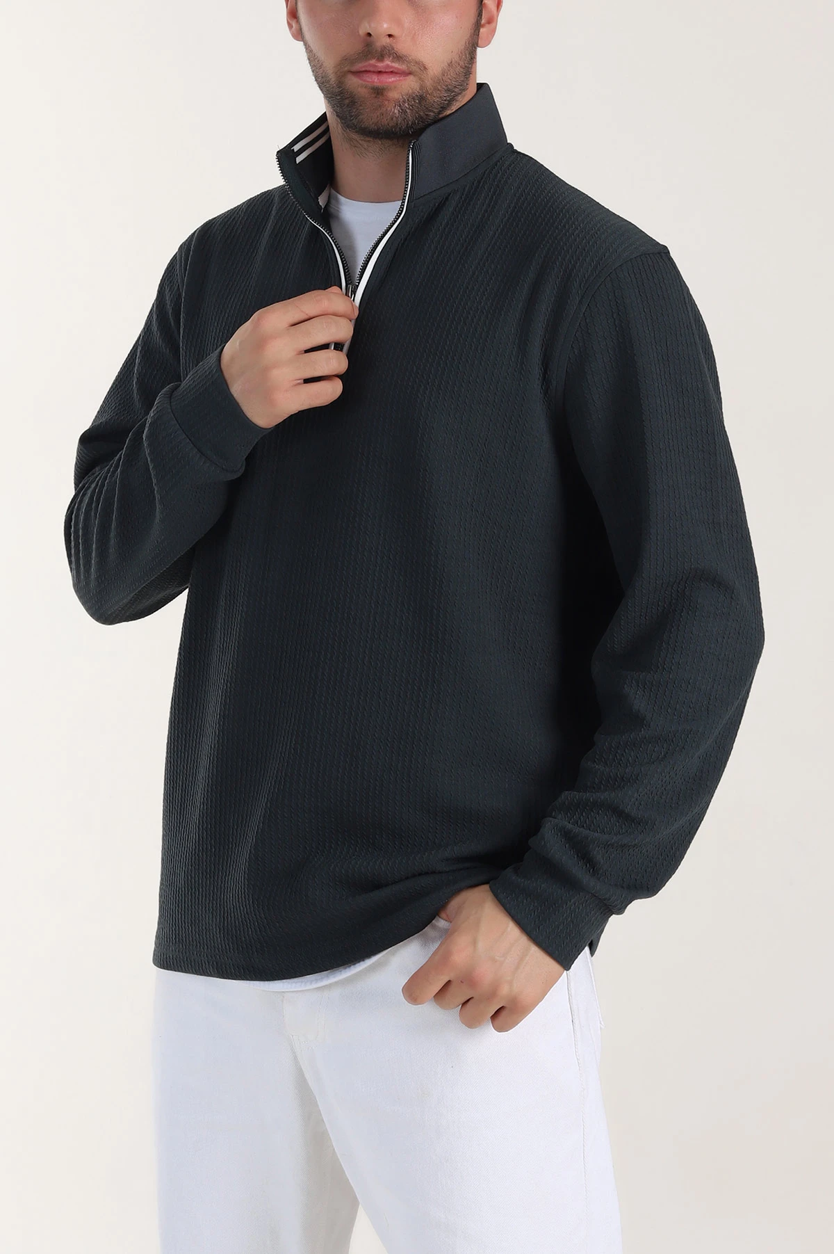 Petrol Yarım Fermuarlı Polo Yaka Erkek Sweatshirt 410871
