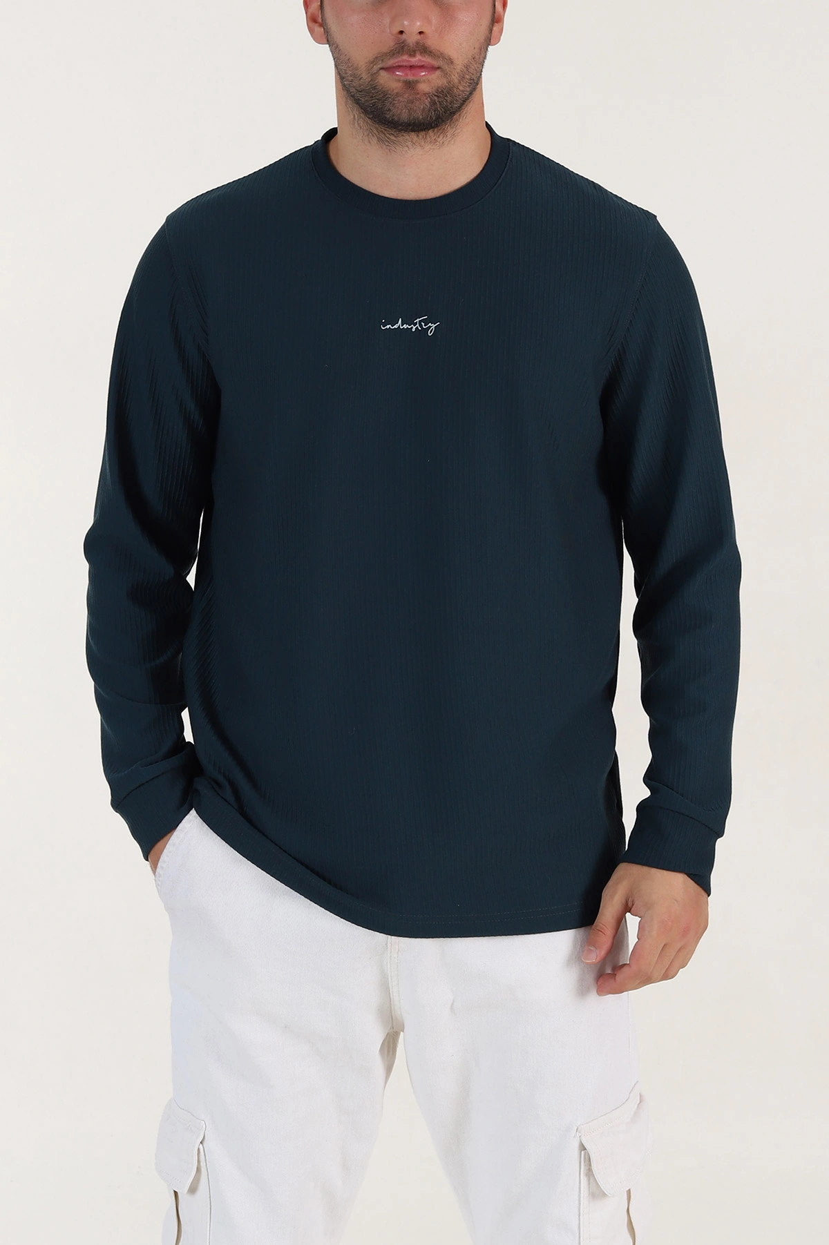 Petrol Yeşili Fitilli Bisiklet Yaka Yazı Detaylı Erkek Sweatshirt 396228
