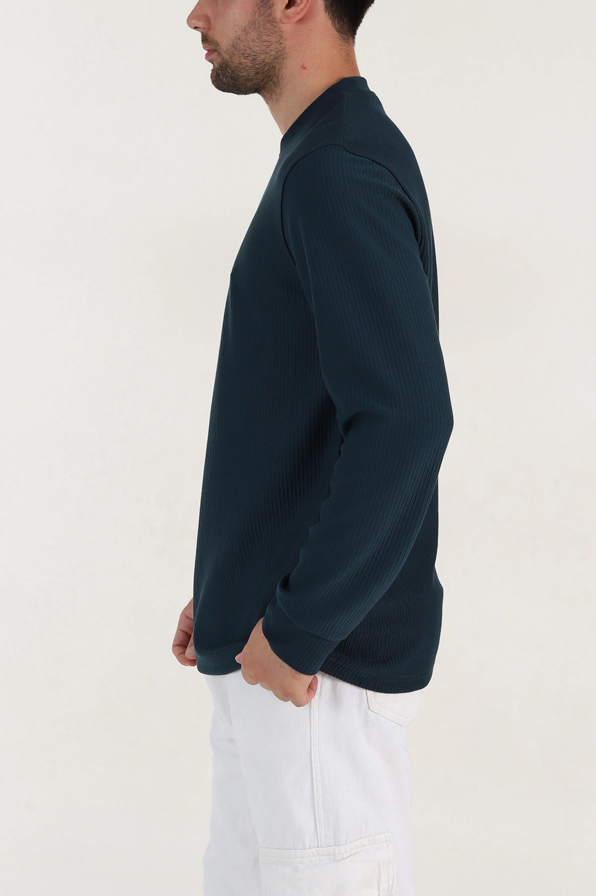 Petrol Yeşili Fitilli Bisiklet Yaka Yazı Detaylı Erkek Sweatshirt 396228