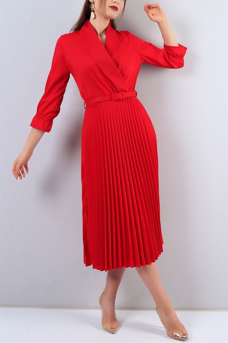 Pileli Kırmızı Elbise 16796B