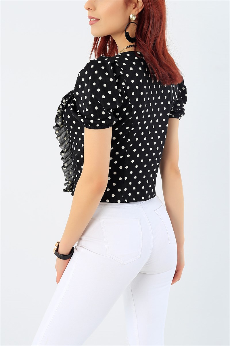 Pileli Puantiyeli Siyah Bluz 29863B