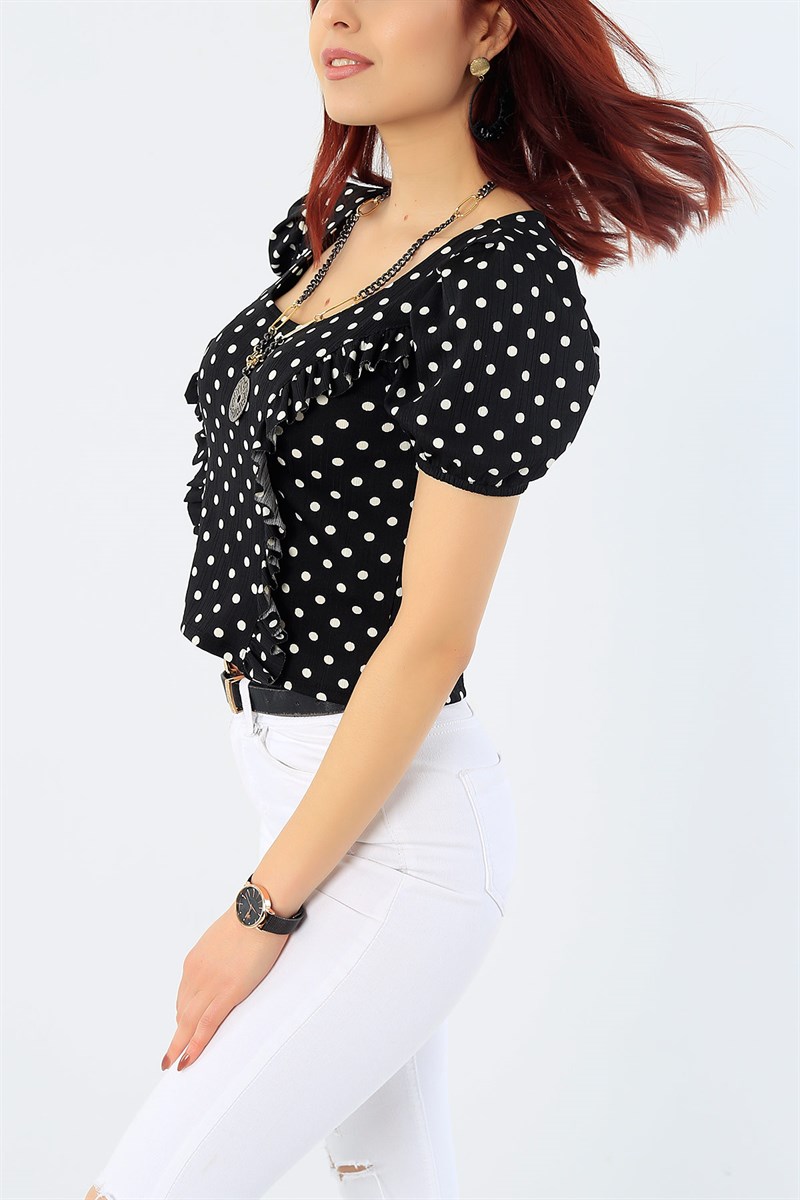 Pileli Puantiyeli Siyah Bluz 29863B