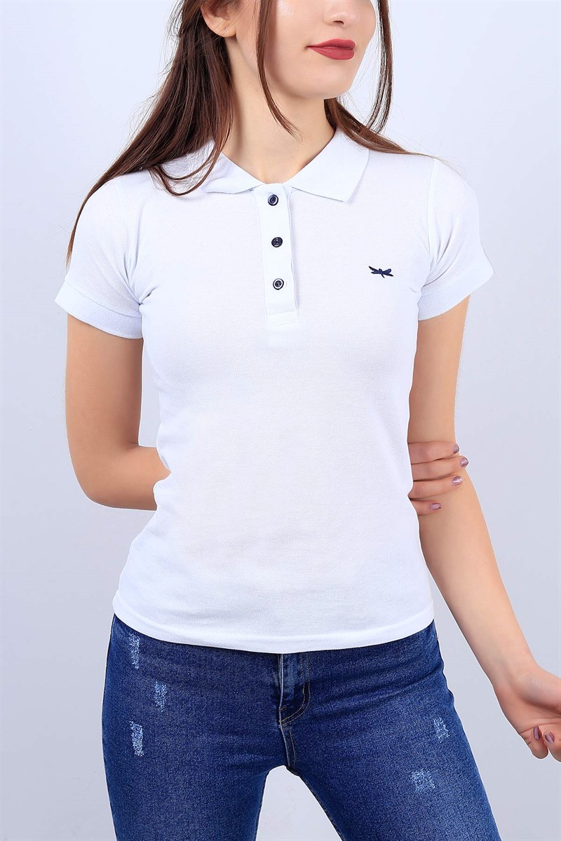 Polo Yaka Beyaz Bayan Tişört 11619B