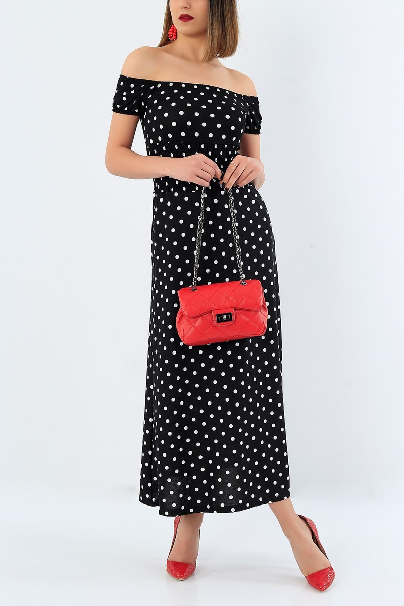 Puantiyeli Beli Gipeli Madonna Yaka Elbise 32982