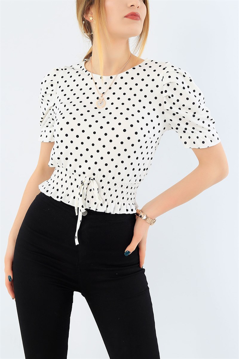 Puantiyeli Likralı Krem Bluz 29870B