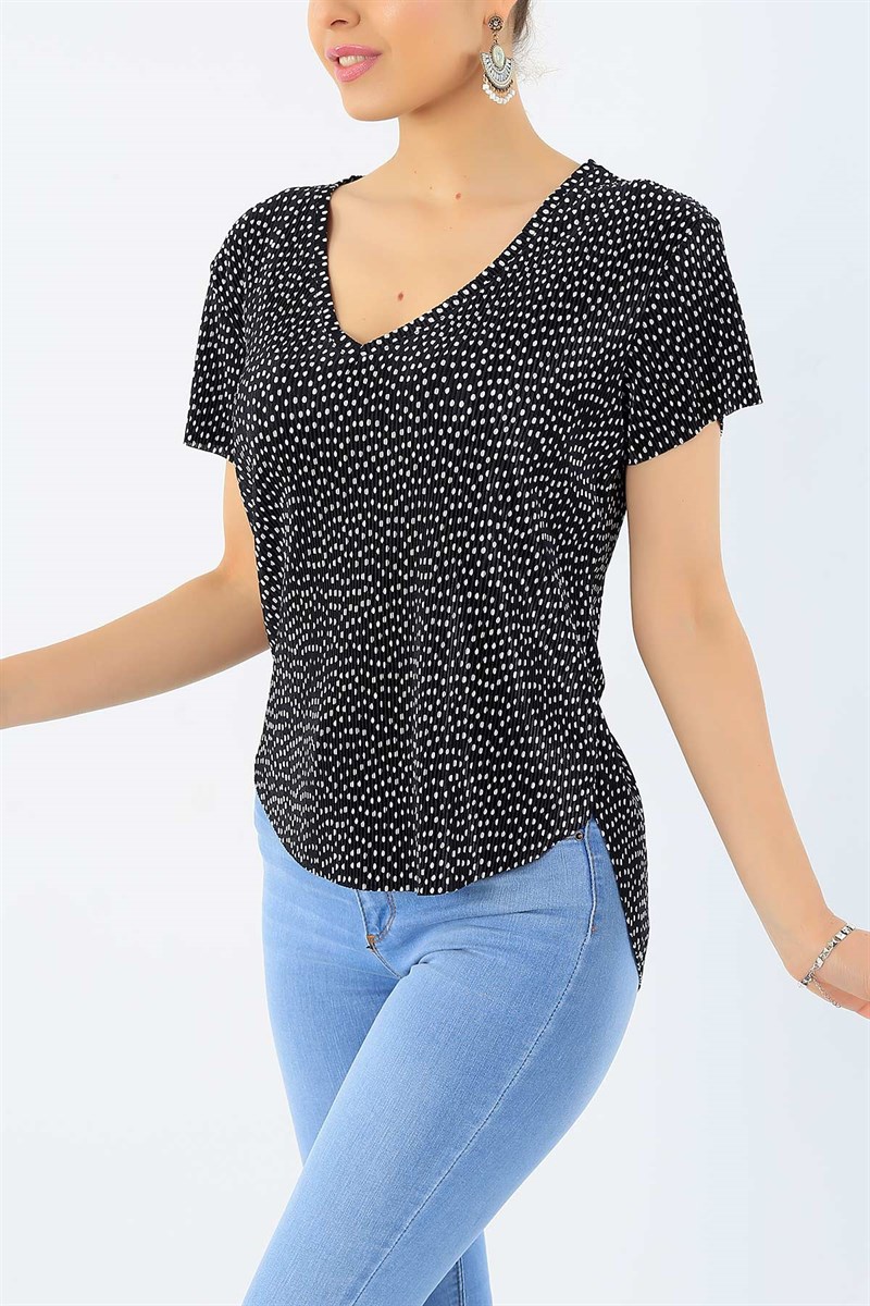 Puantiyeli Piliseli Siyah Bluz 33624