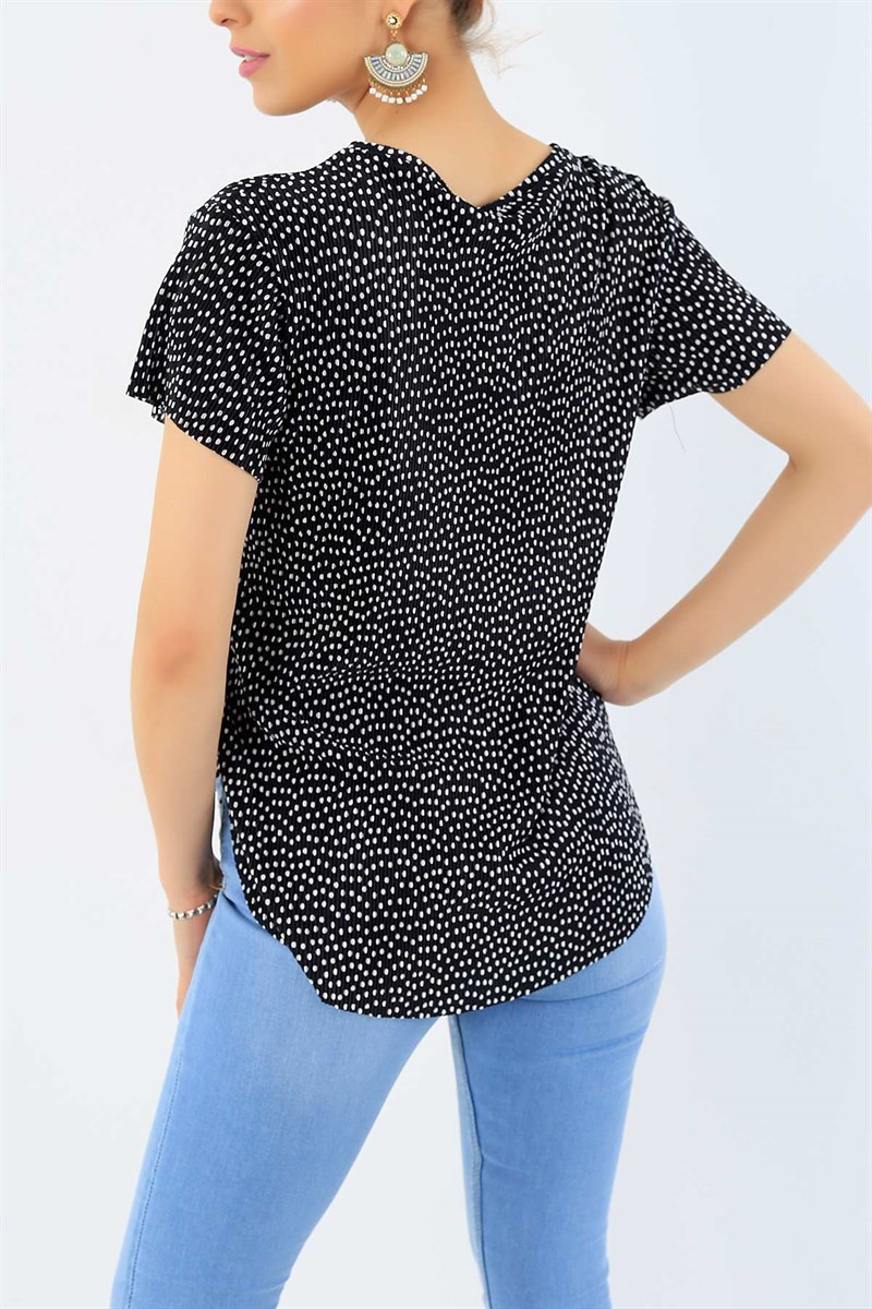 Puantiyeli Piliseli Siyah Bluz 33624