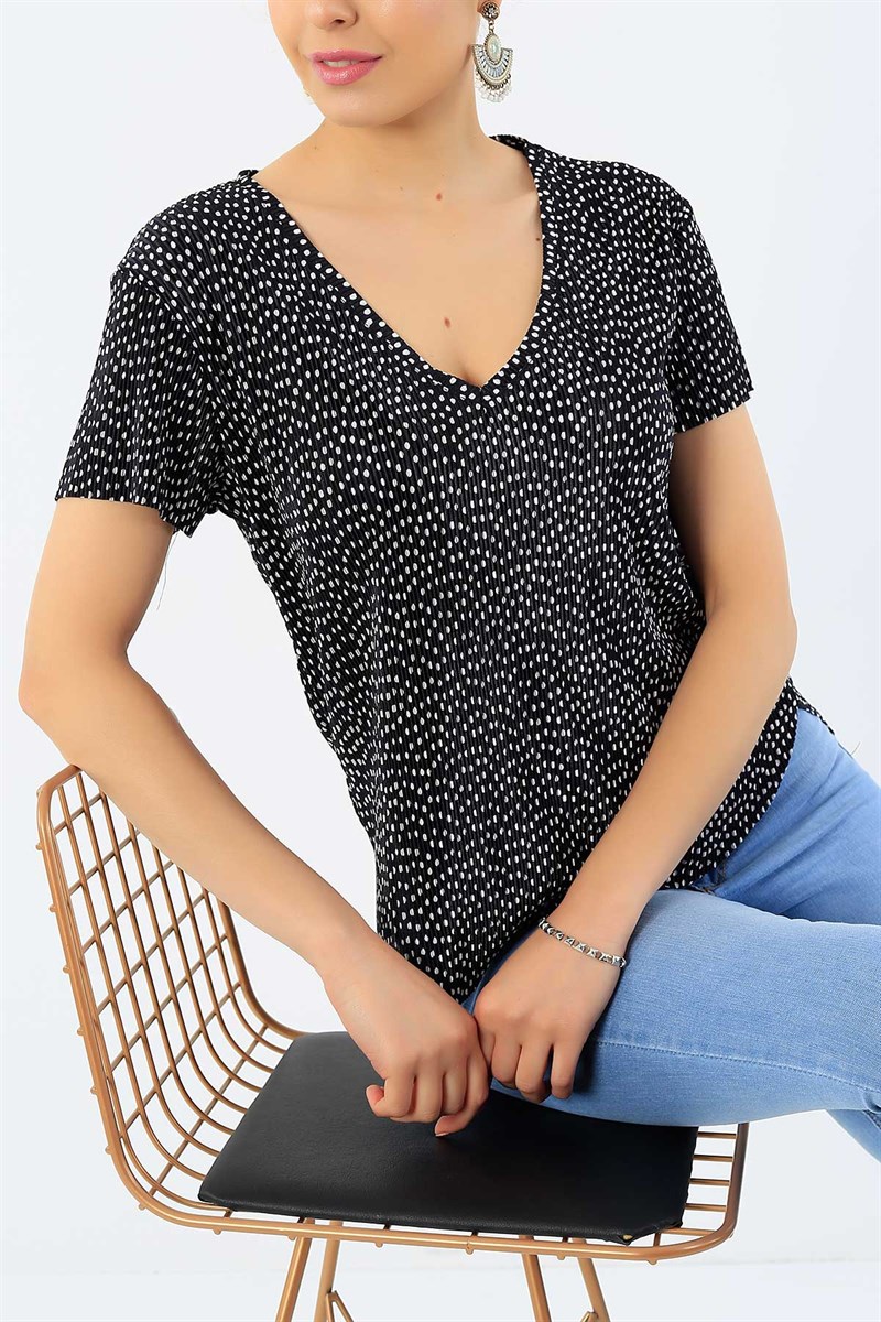 Puantiyeli Piliseli Siyah Bluz 33624