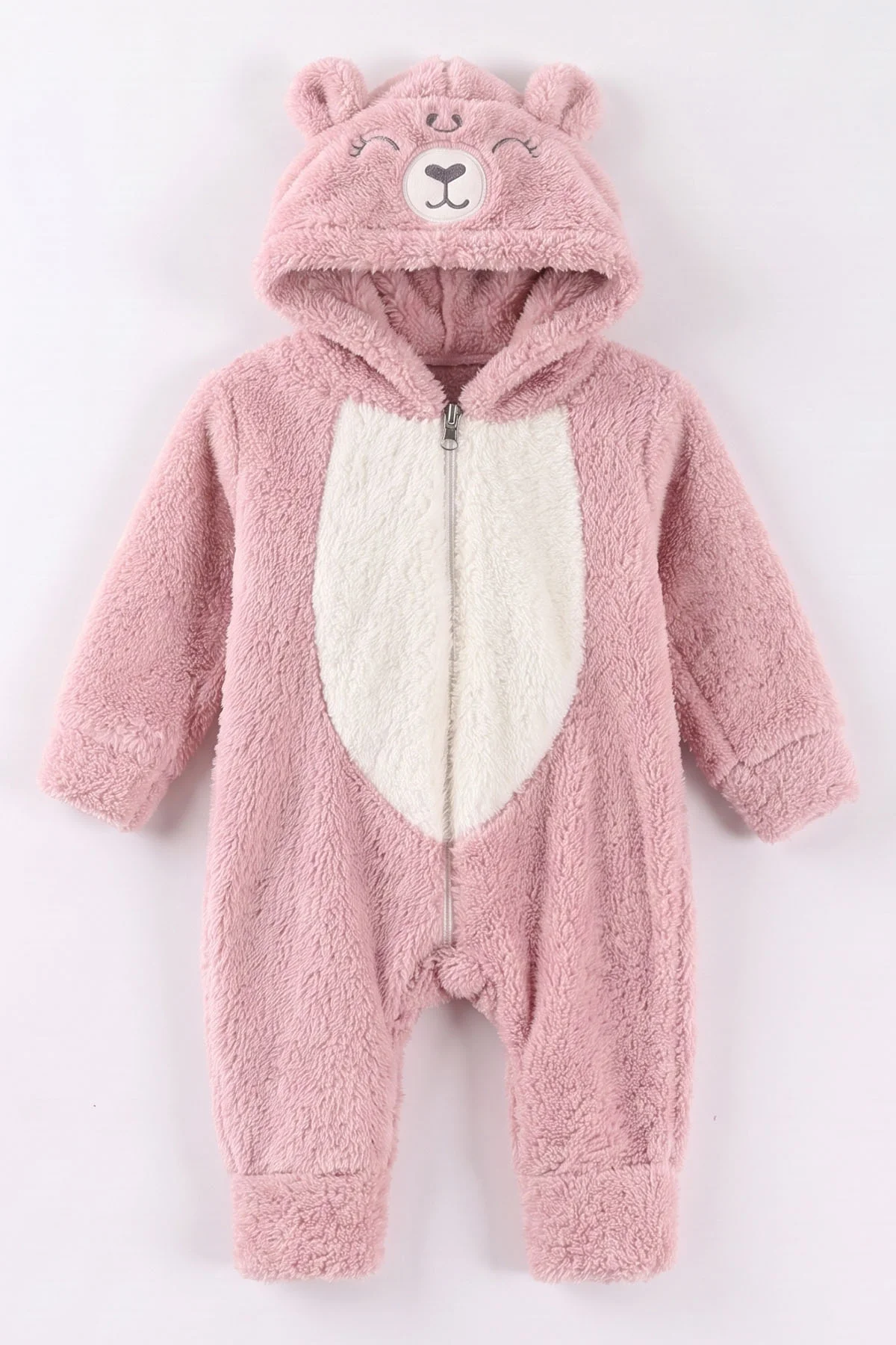 Pudra (0-12 Ay)Kapüşonu  Gülen Ayı Nakışlı  Peluş Kız Bebek Tulum 494433