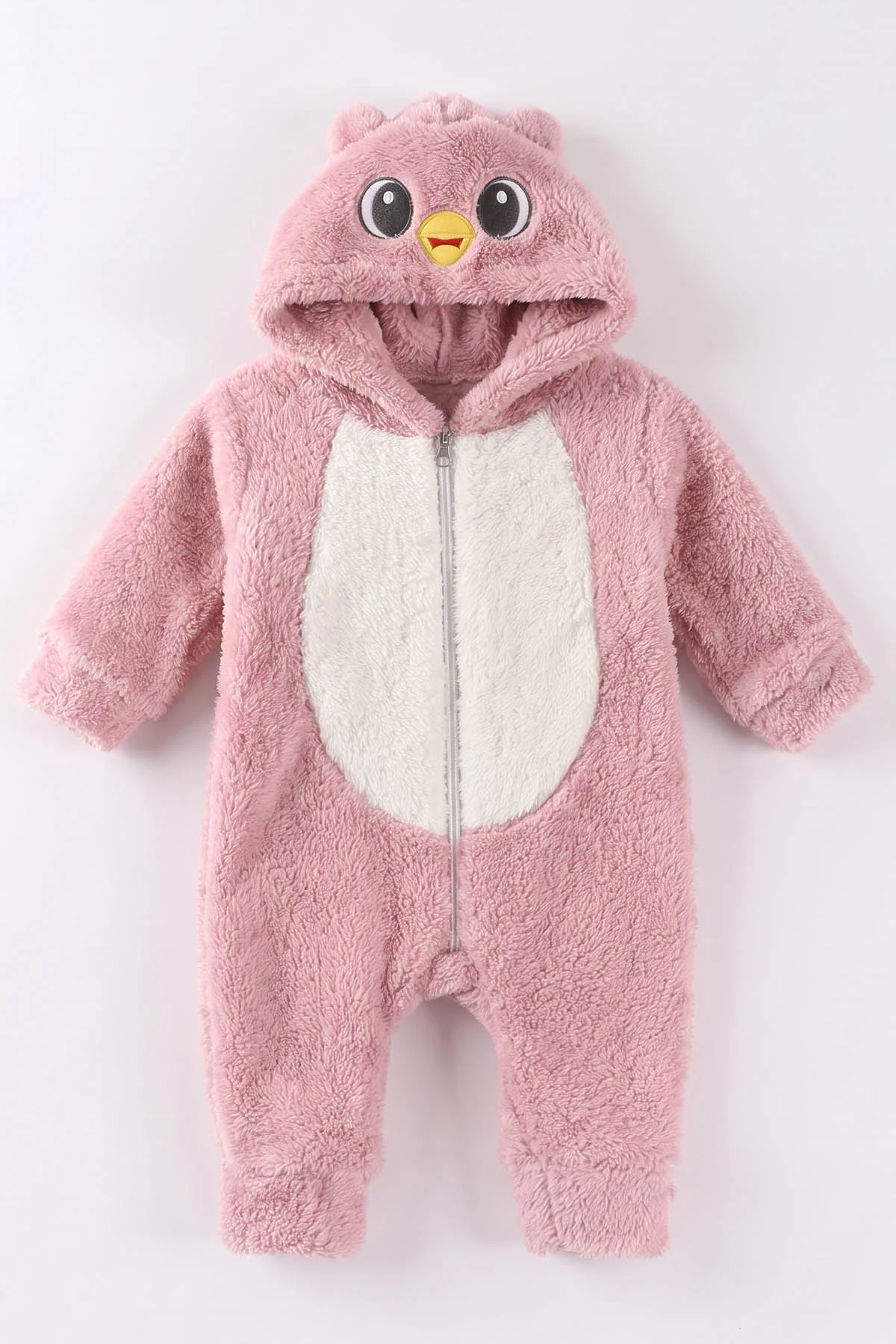 Pudra (0-12 Ay)Kapüşonu  Ördek Nakışlı  Peluş Kız Bebek Tulum 494425