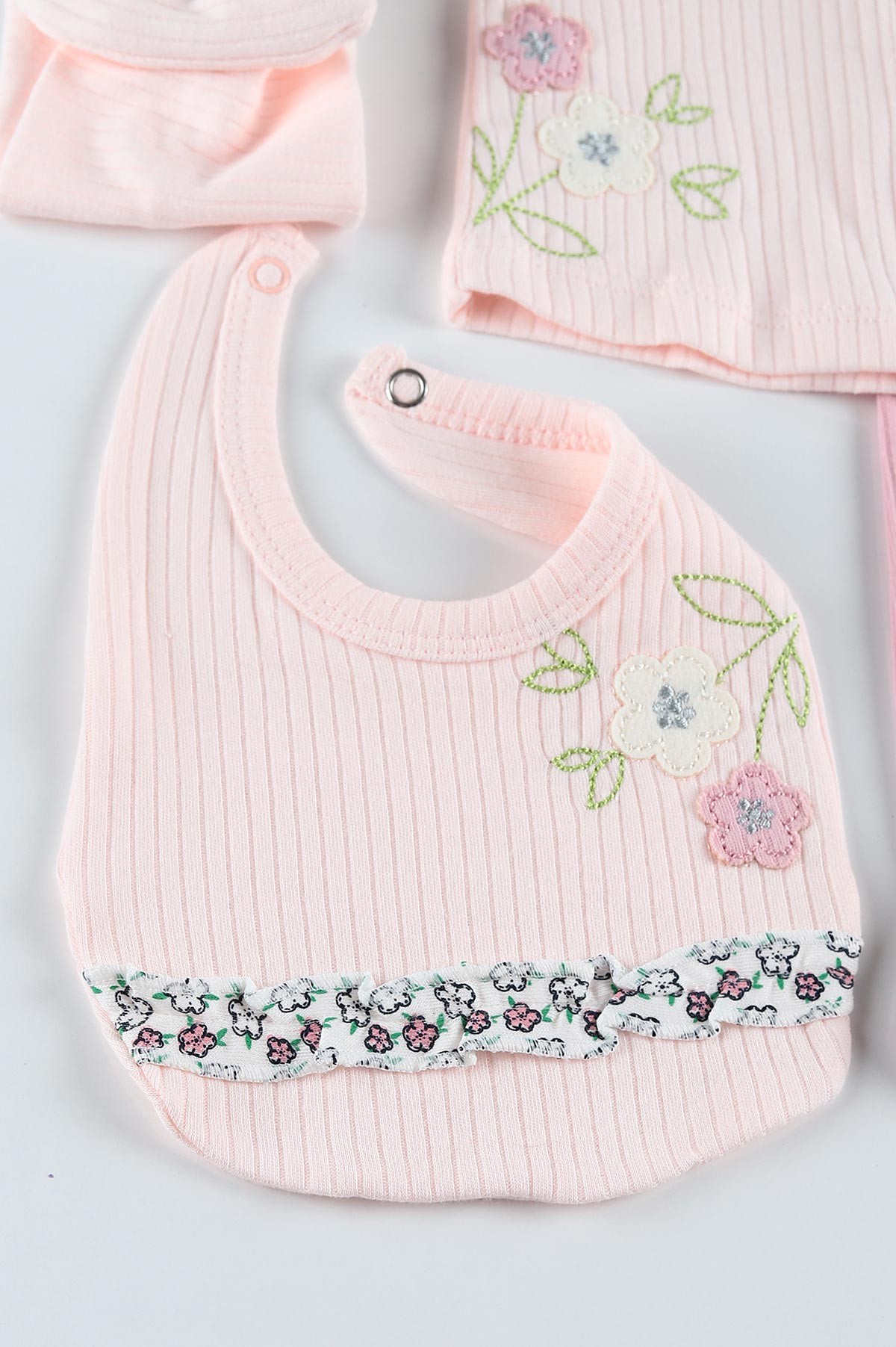 Pudra (0-3 Ay) Çiçek Nakışlı Yaka Detaylı 5'li Kız Bebe takım 201253