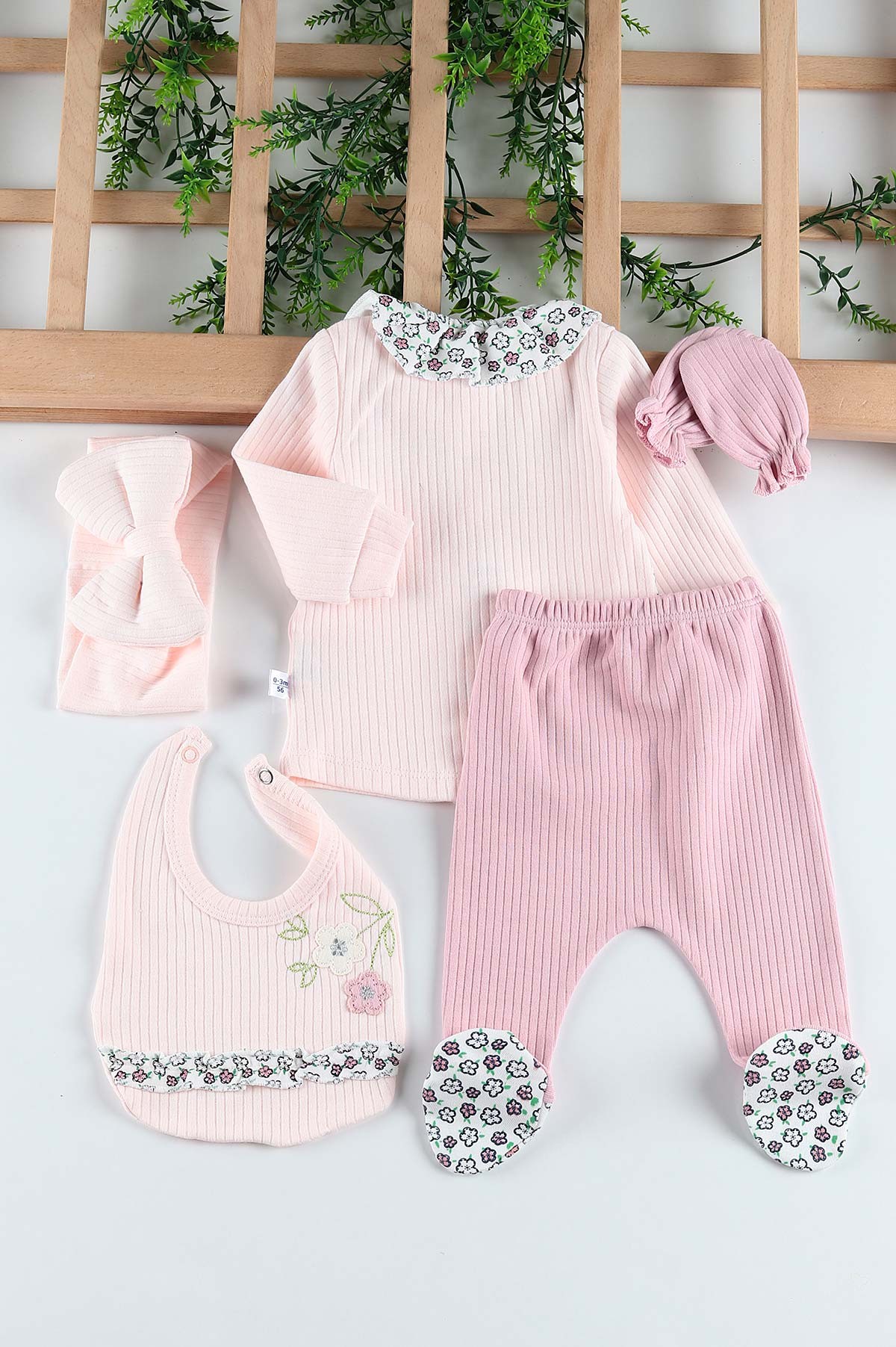 Pudra (0-3 Ay) Çiçek Nakışlı Yaka Detaylı 5'li Kız Bebe takım 201253