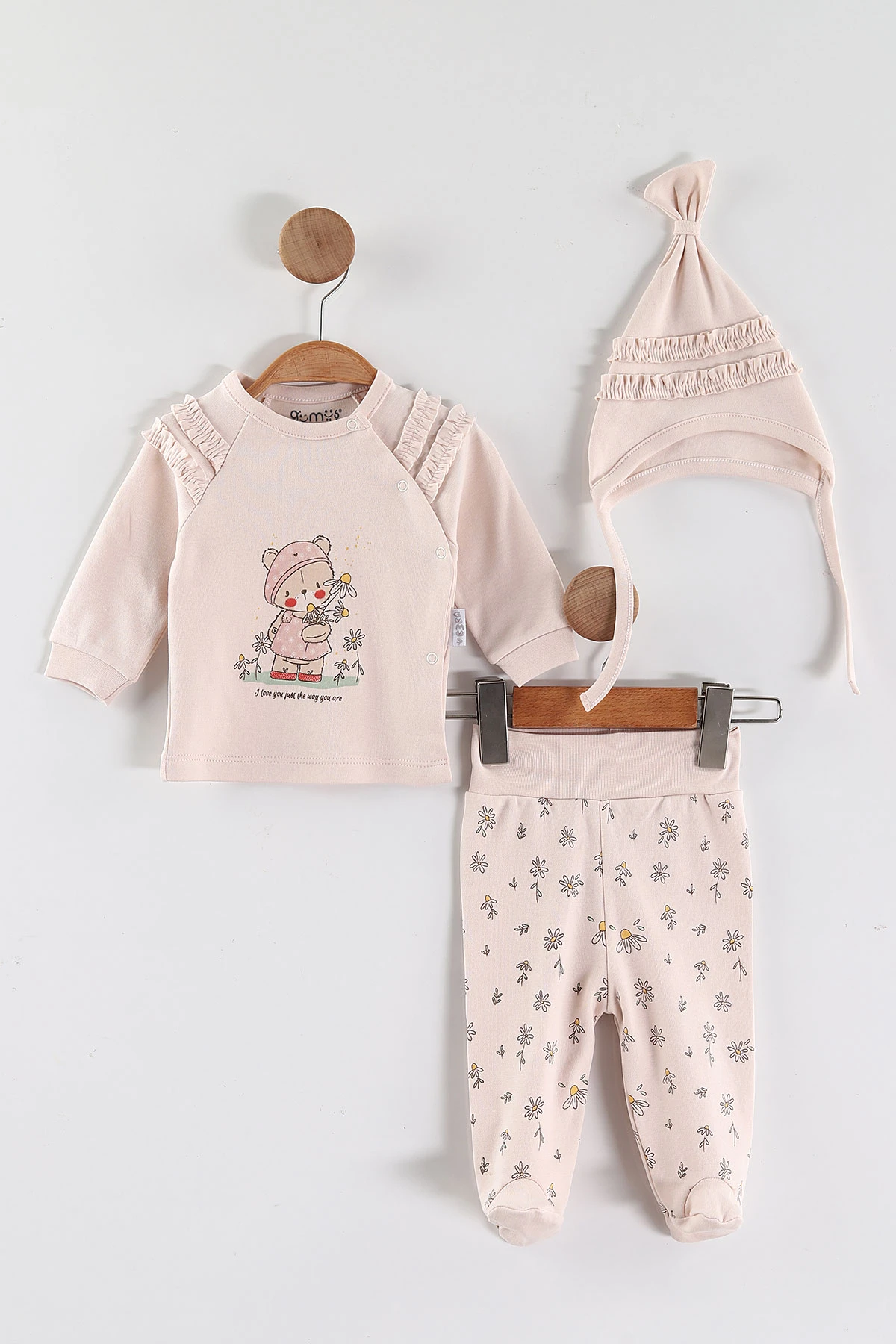 Pudra (0-3 Ay) Papatyalı Ayıcık Baskılı   Patikli Kız Bebek 3'lü Zıbın Takım 453757