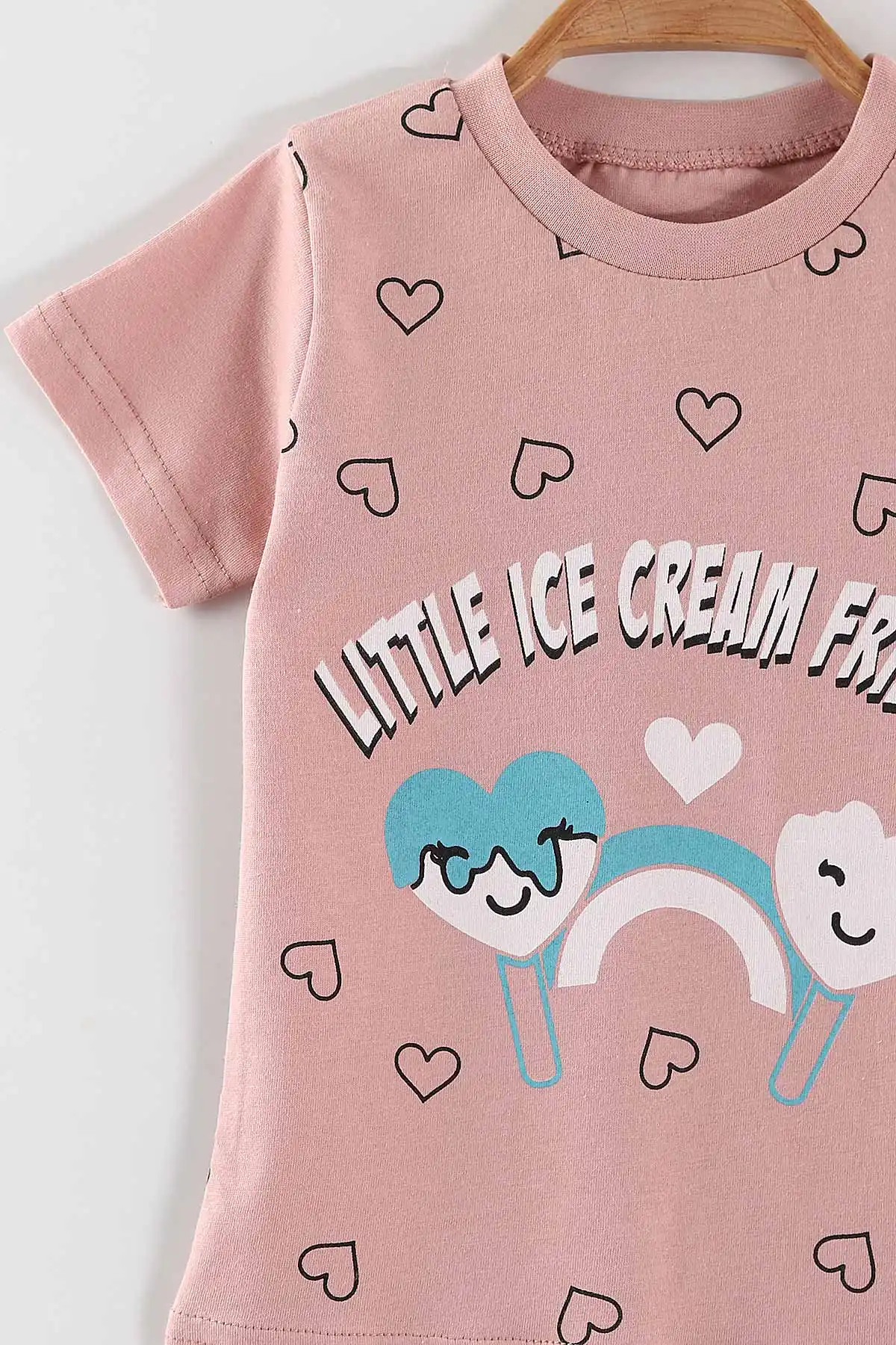 Pudra (0-4 Yaş) Ice Cream Baskılı  Tişörtlü ve Şortlu Kız Çocuk Yazlık Takım 468397