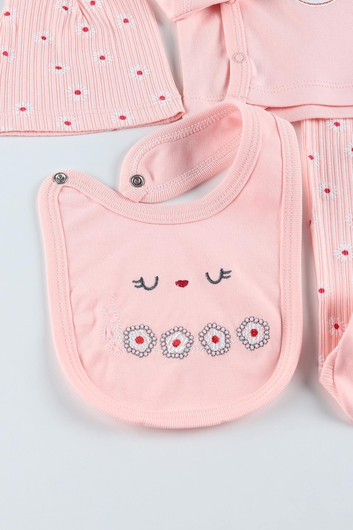 Pudra (0-6 Ay) Tavşan Ayı Nakışlı Çiçek Baskılı Kız Bebe Takım 201159