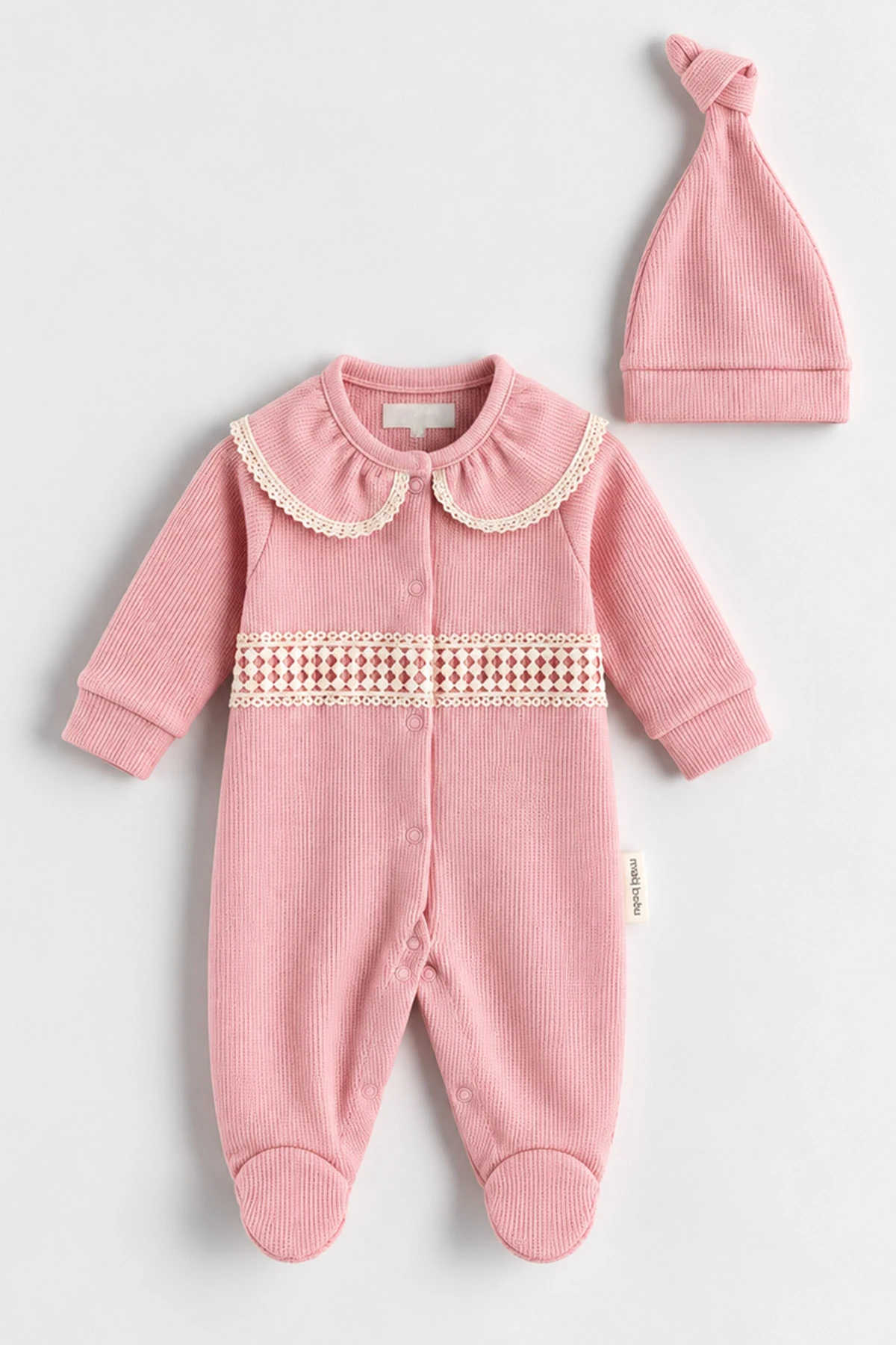 Pudra (0-9 Ay)  Fisto Yakalı  Waffle Kumaş Çıtçıtlı Şapkalı Kız Bebek Tulum 486977