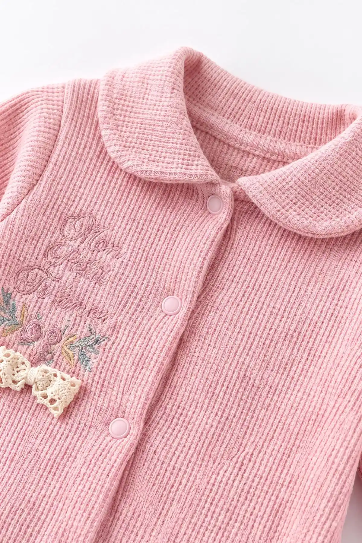 Pudra (0-9 Ay)  Fiyonklu Çiçek Nakışlı Waffle Kumaş Çıtçıtlı Şapkalı Kız Bebek Tulum 486984