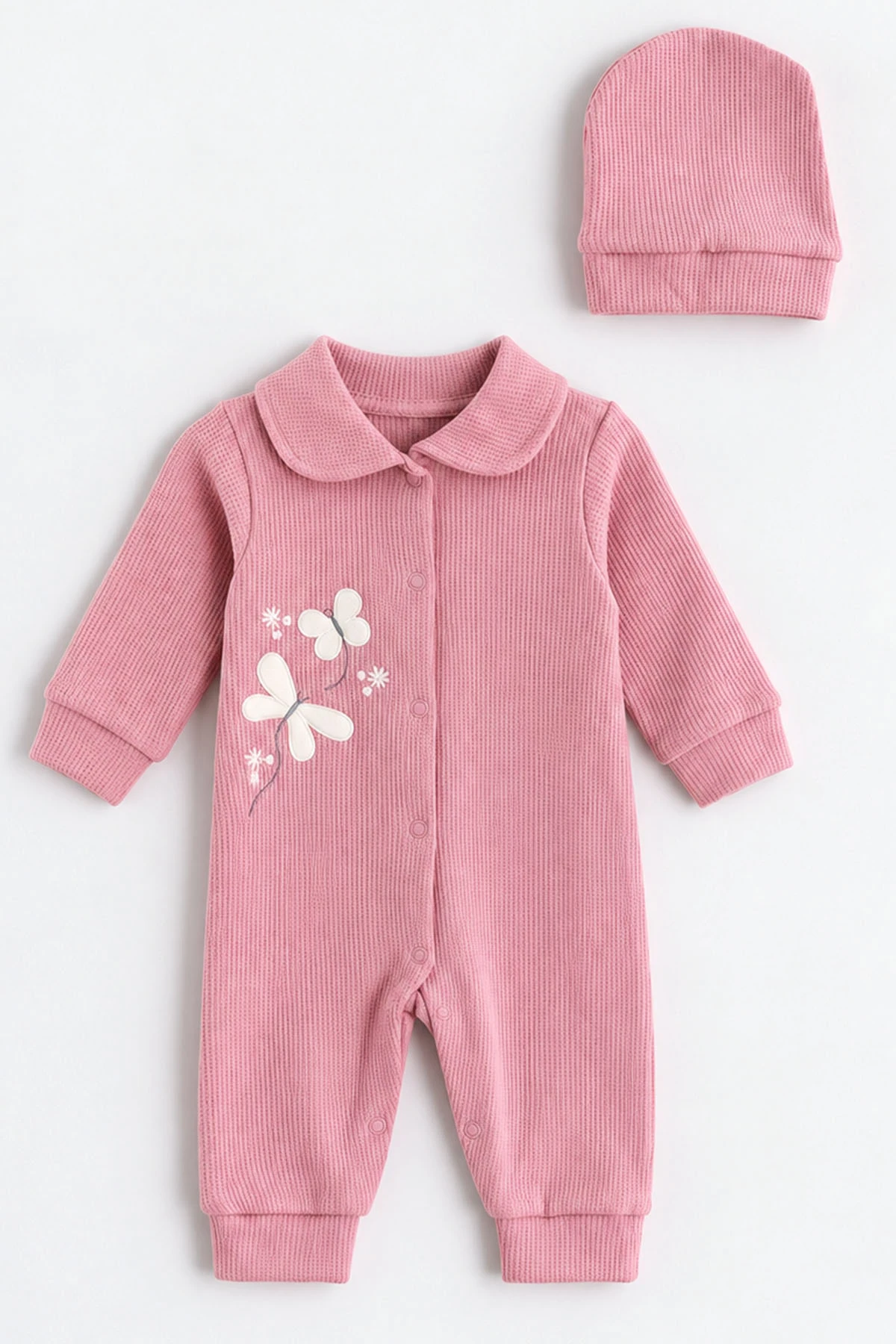 Pudra (0-9 Ay)  Kelebek Nakışlı Waffle Kumaş Çıtçıtlı Şapkalı Kız Bebek Tulum 486999