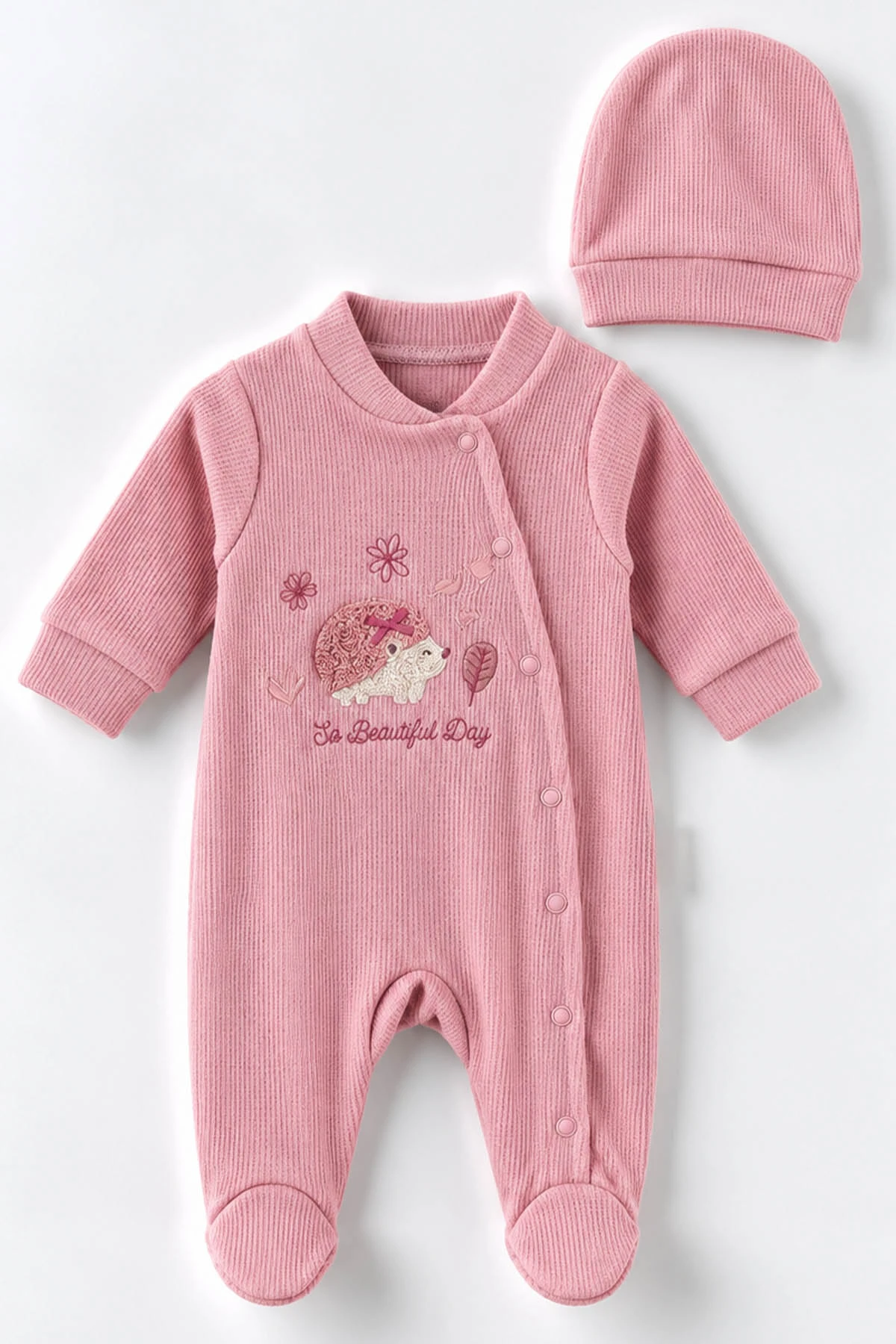 Pudra (0-9 Ay)  Kirpi Nakışlı Waffle Kumaş Çıtçıtlı Şapkalı Kız Bebek Tulum 486989