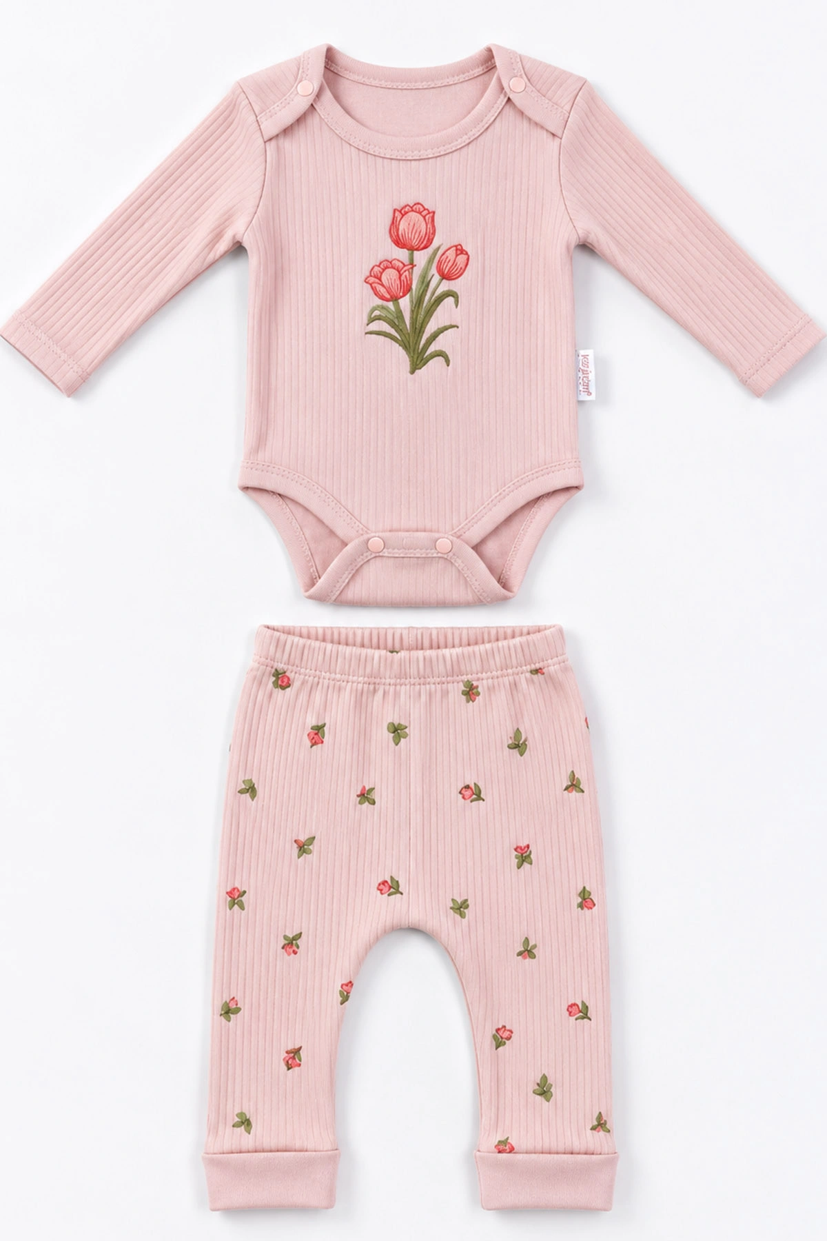 Pudra (0-9 Ay) Lale Nakışlı   Kız Bebek Takım 480477