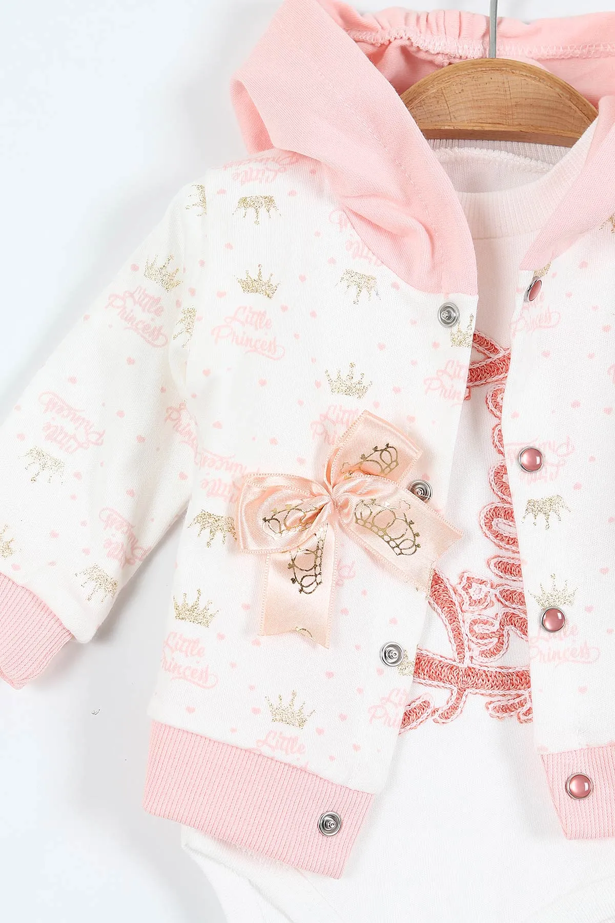 Pudra (0-9 Ay)  Princess Nakışlı   Zıbınlı Kapüşonlu Hırkalı   Kız  Bebek 3'lü Takım 408490